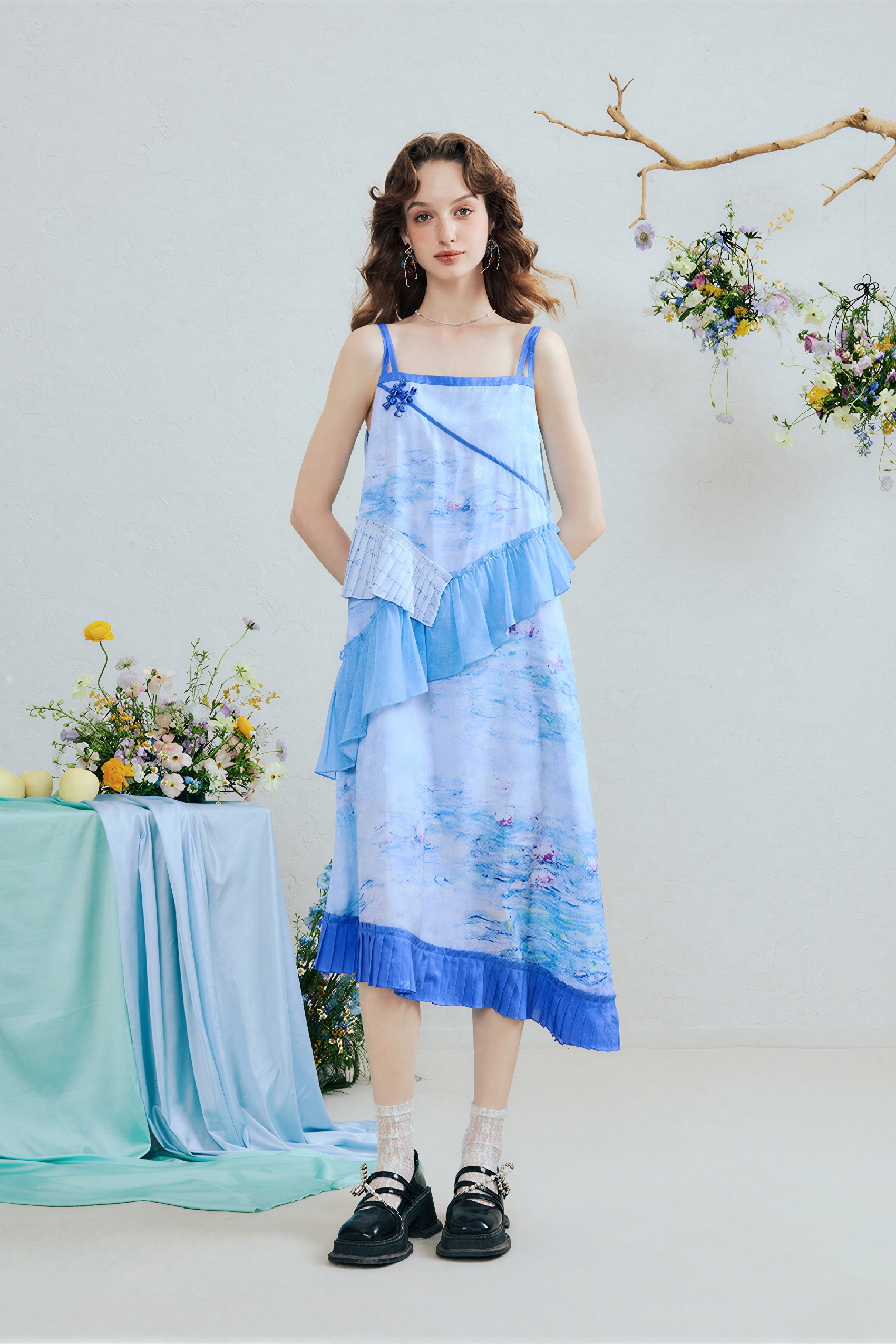 Green Ruffle Printed Strappy Dress | LYONSENS Women's Fashion