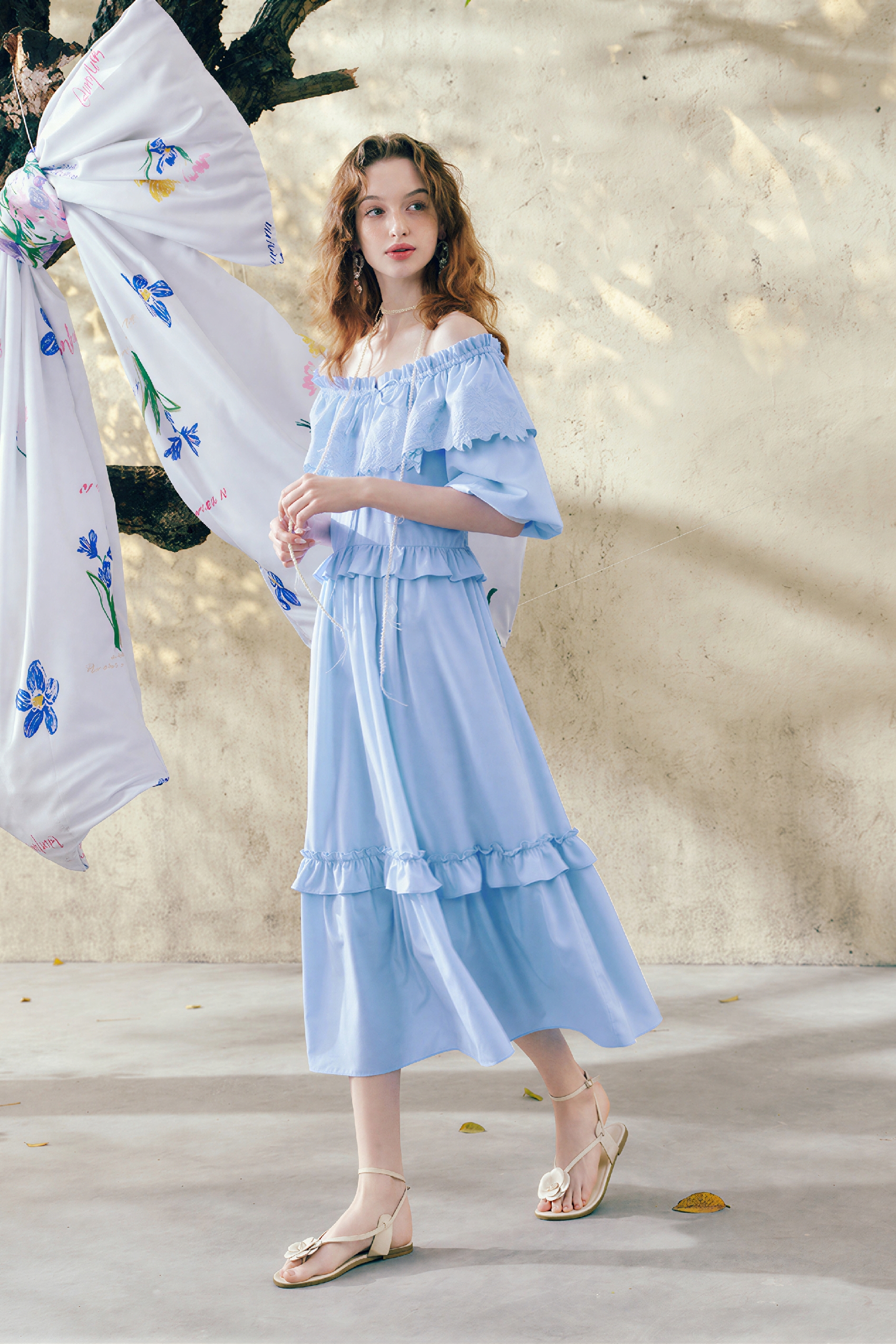 Blue French Ruffle Puff-Sleeve Dress | LYONSENS Women's Fashion