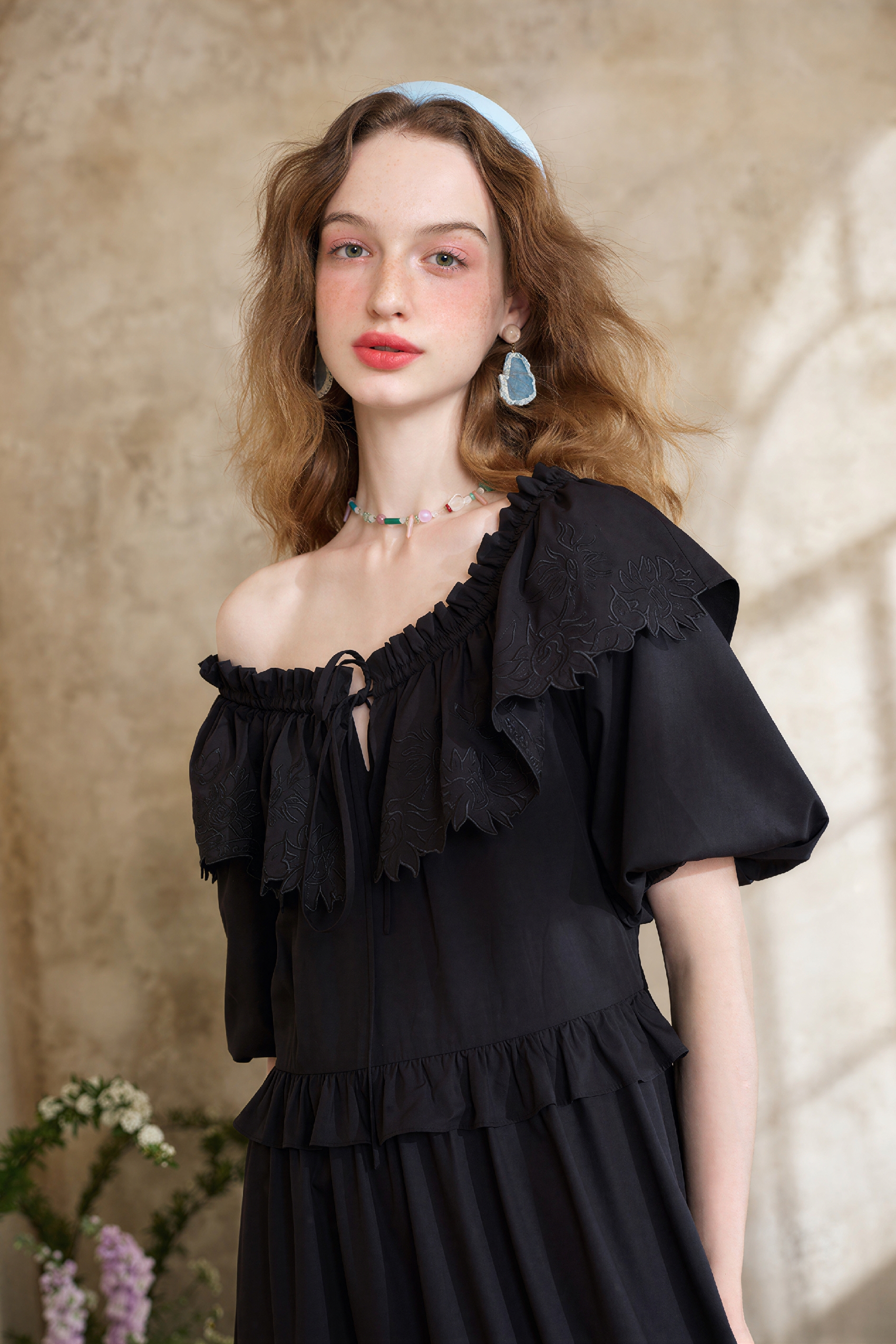 Blue French Ruffle Puff-Sleeve Dress | LYONSENS Women's Fashion