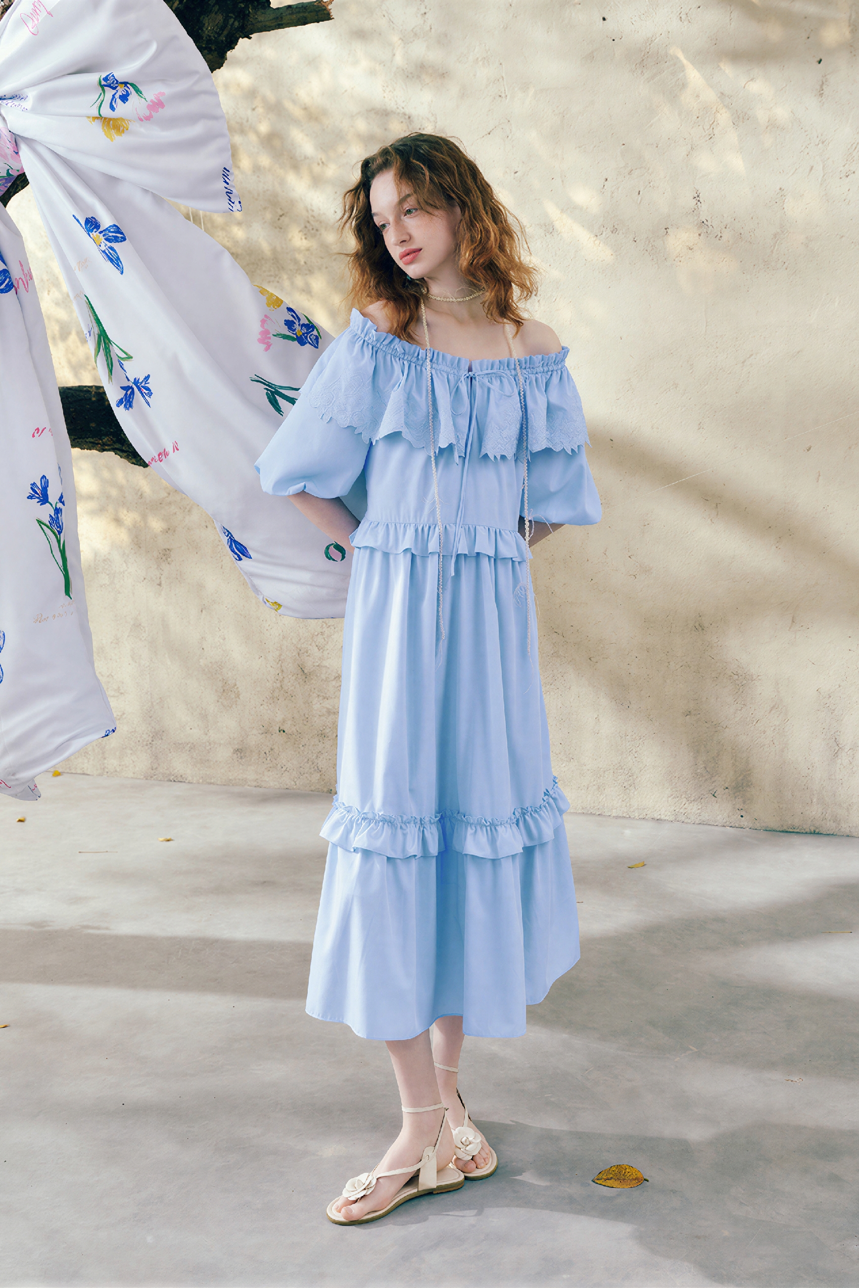 Blue French Ruffle Puff-Sleeve Dress | LYONSENS Women's Fashion