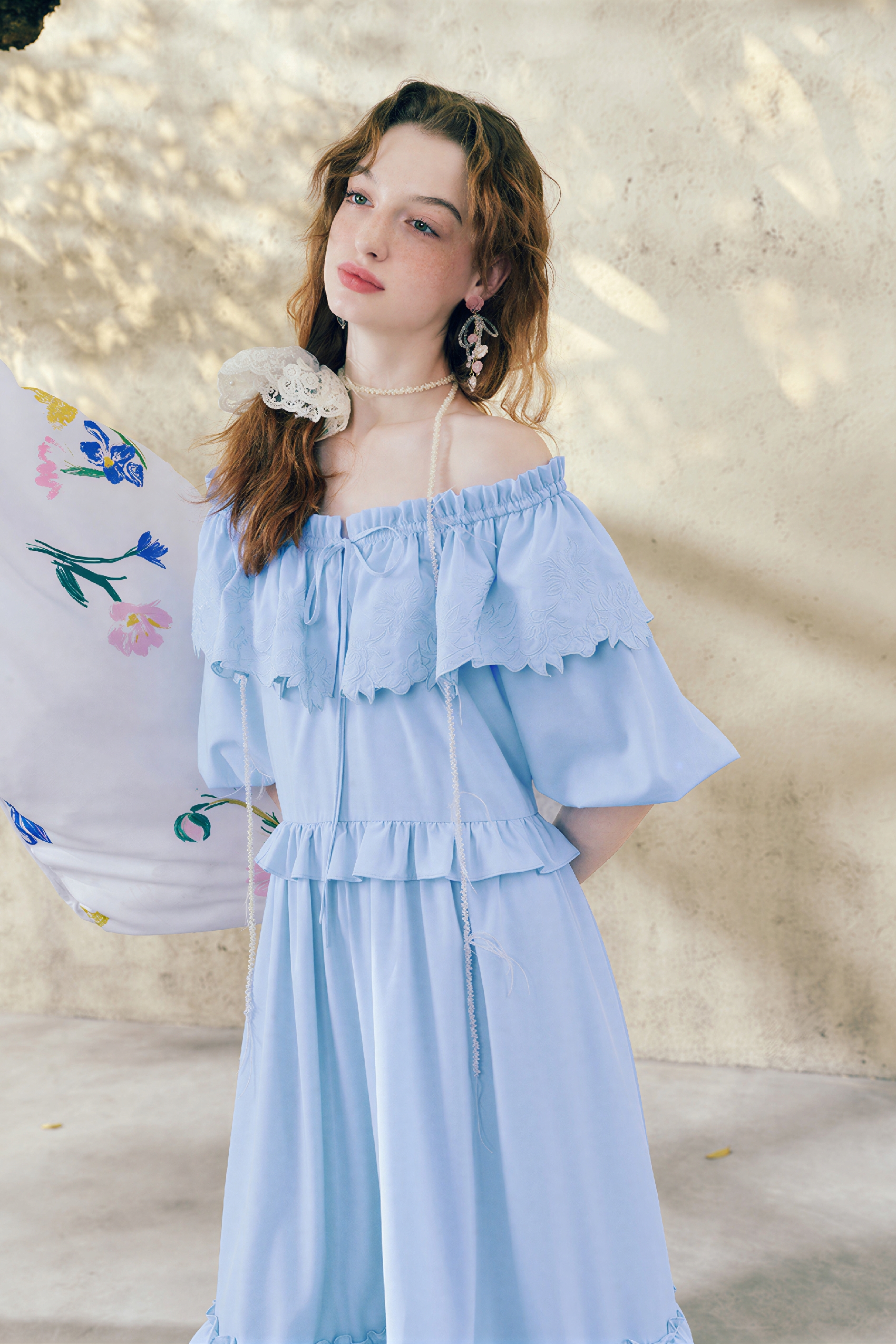 Blue French Ruffle Puff-Sleeve Dress | LYONSENS Women's Fashion