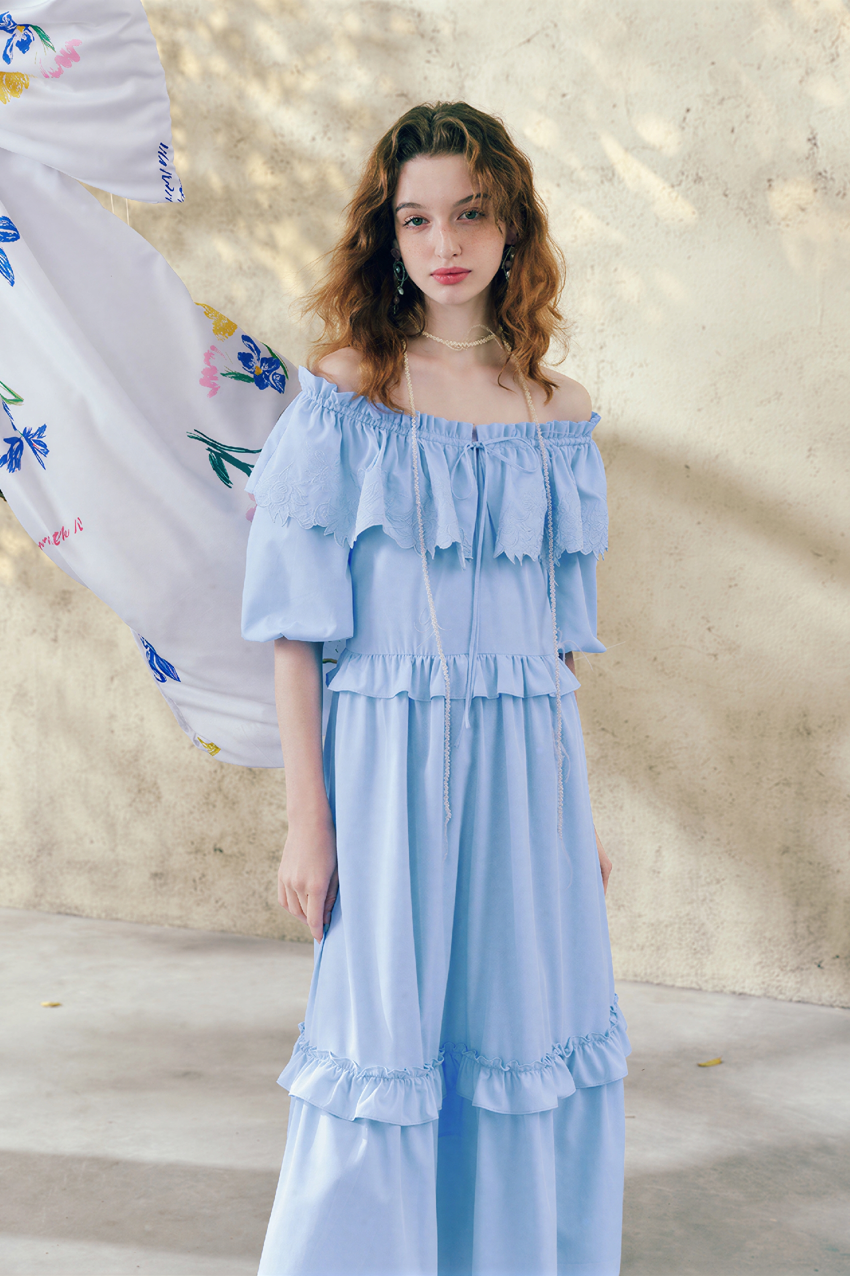 Blue French Ruffle Puff-Sleeve Dress | LYONSENS Women's Fashion