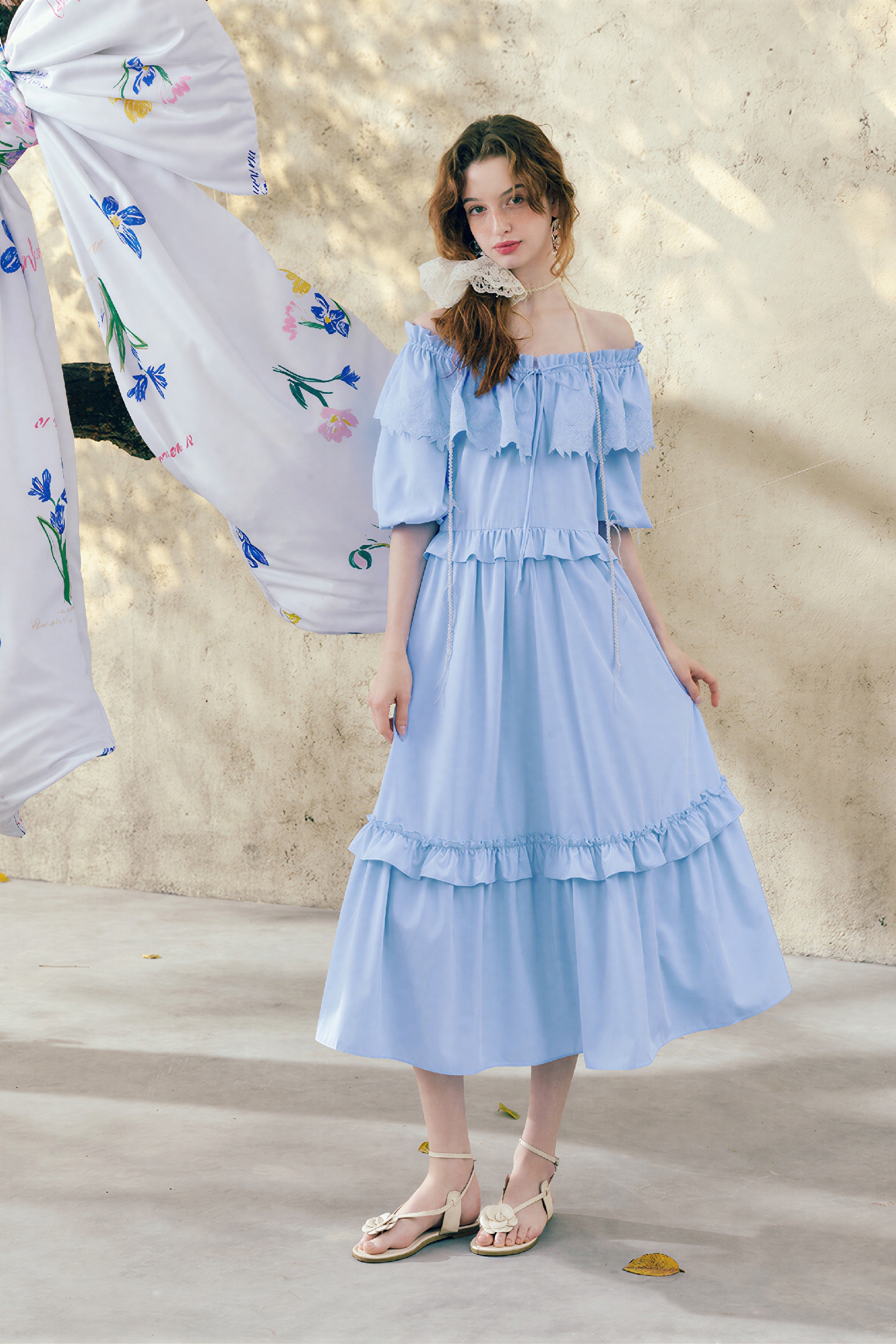Blue French Ruffle Puff-Sleeve Dress | LYONSENS Women's Fashion