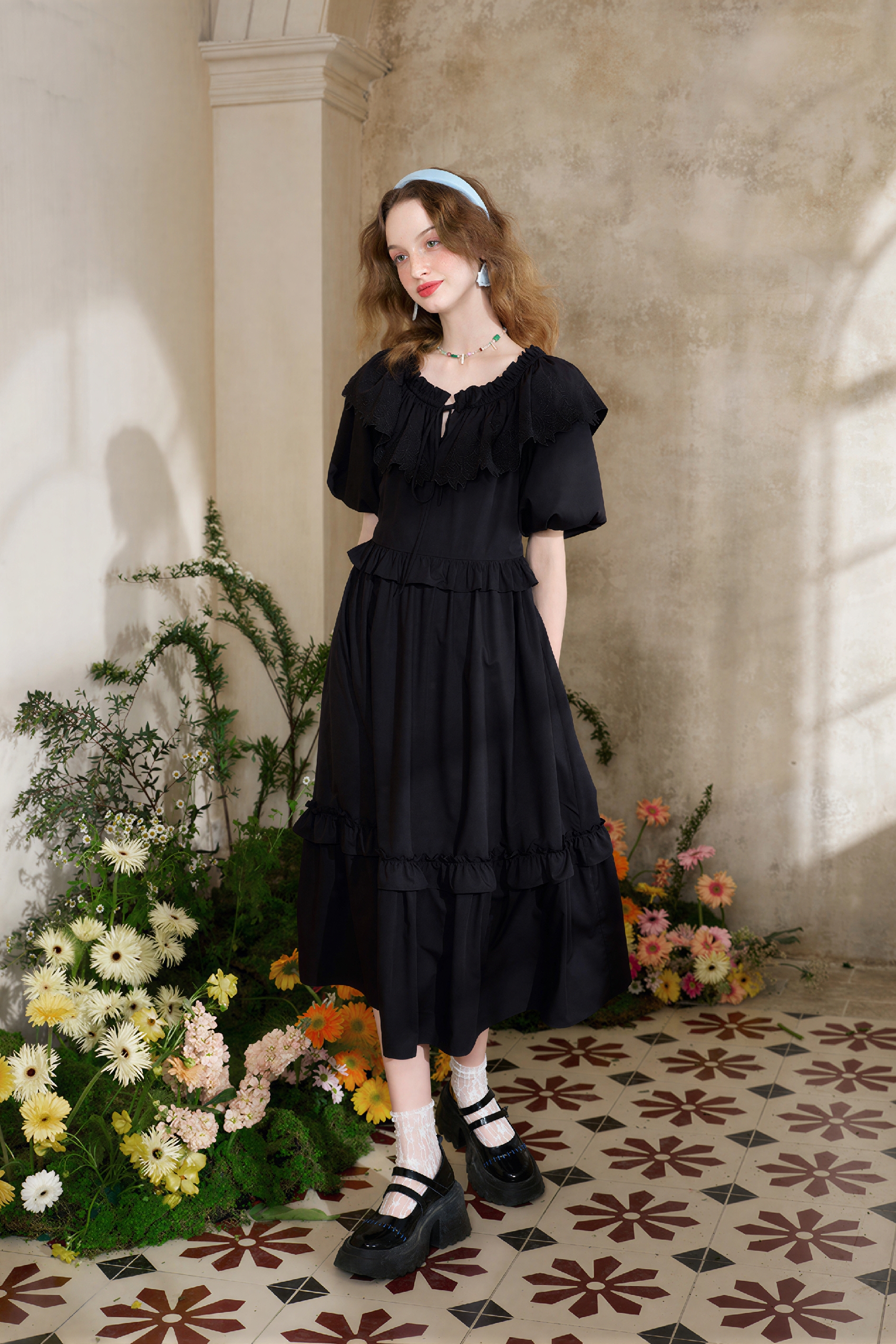 Blue French Ruffle Puff-Sleeve Dress | LYONSENS Women's Fashion