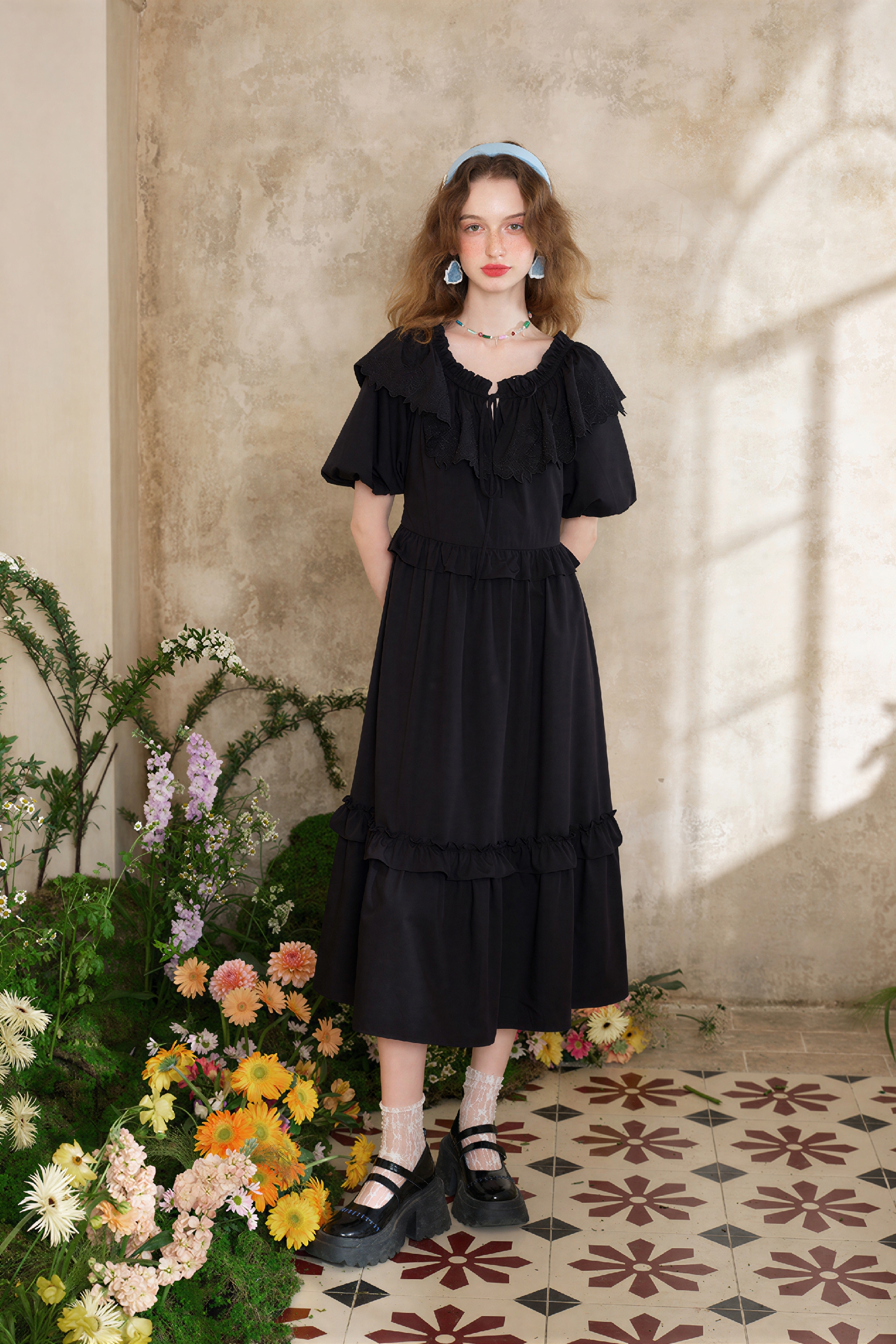 Blue French Ruffle Puff-Sleeve Dress | LYONSENS Women's Fashion