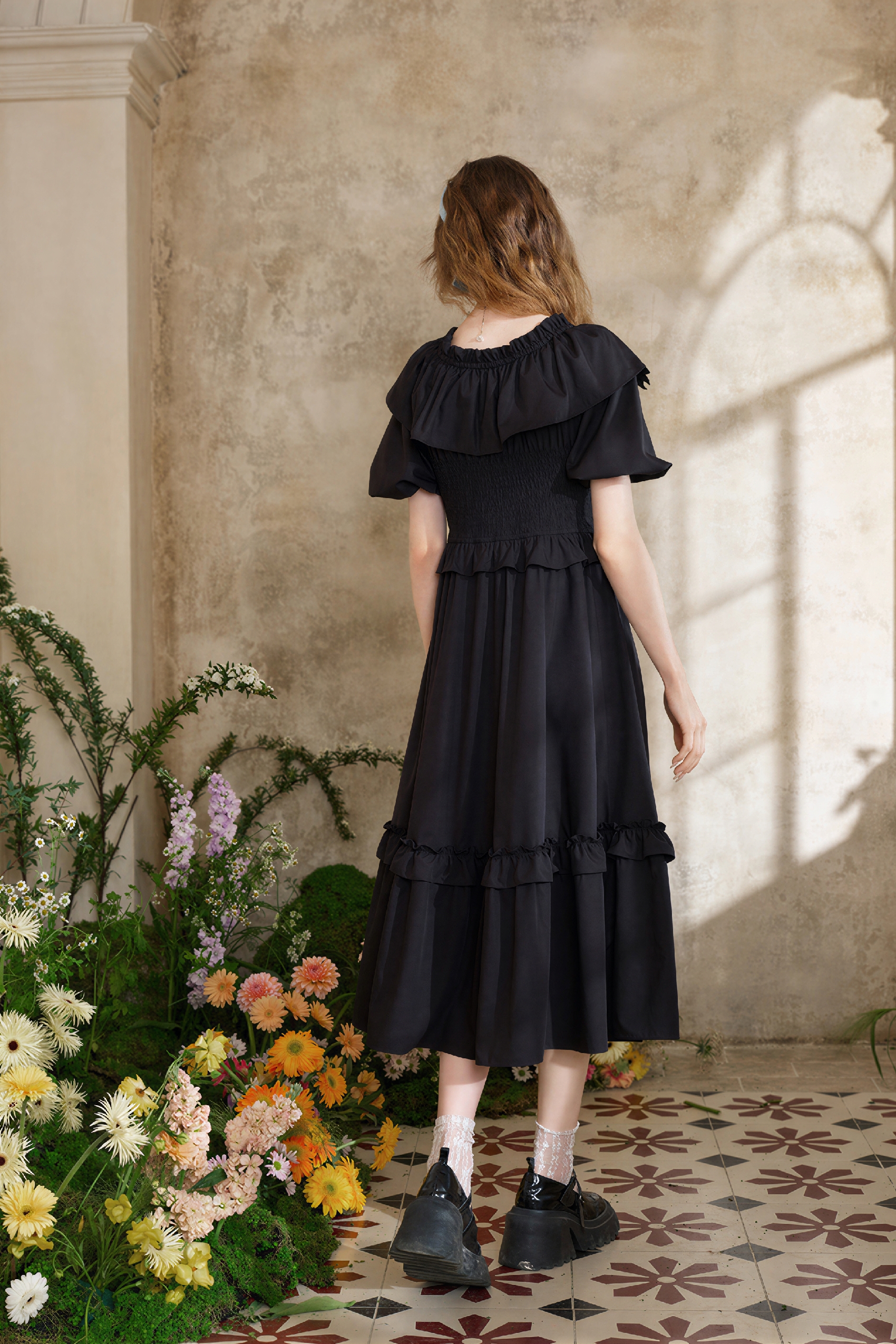 Blue French Ruffle Puff-Sleeve Dress | LYONSENS Women's Fashion