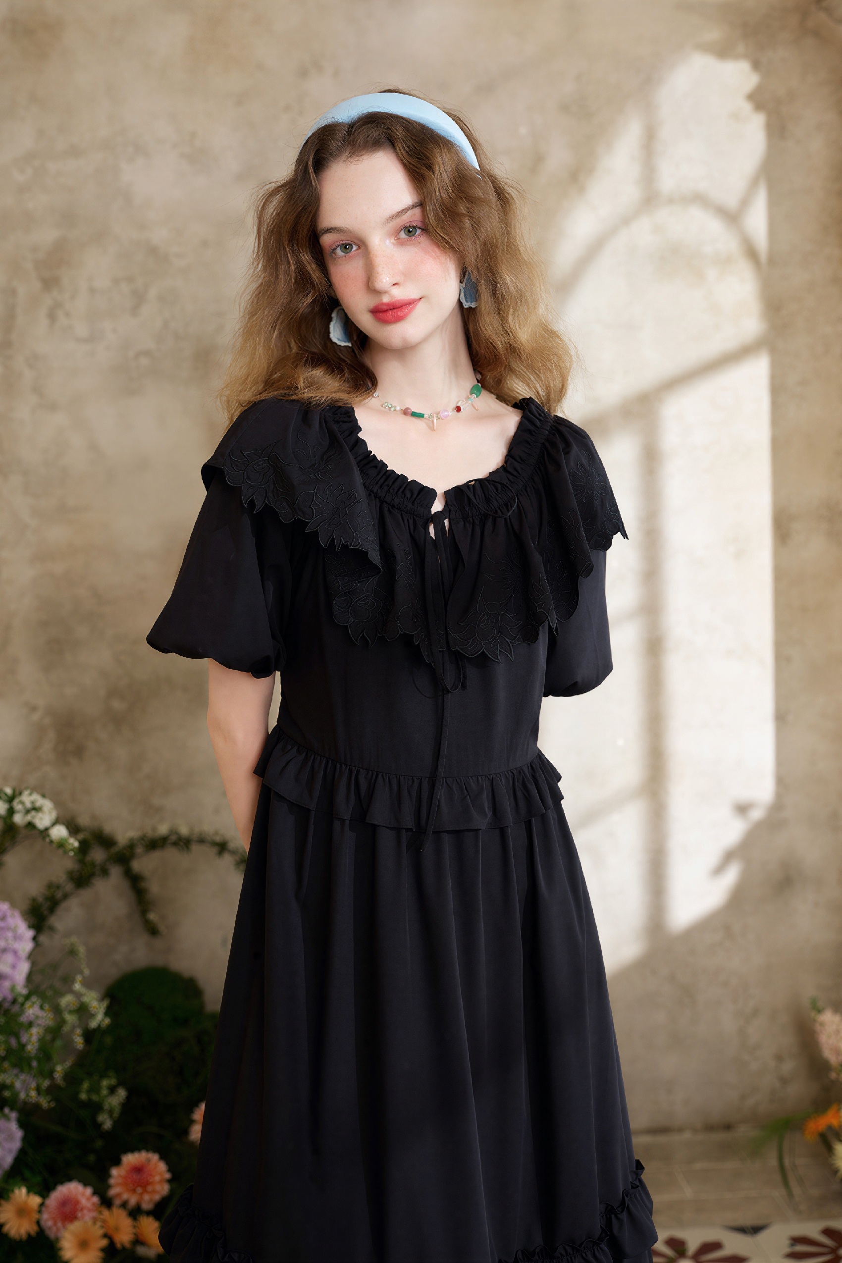 Blue French Ruffle Puff-Sleeve Dress | LYONSENS Women's Fashion