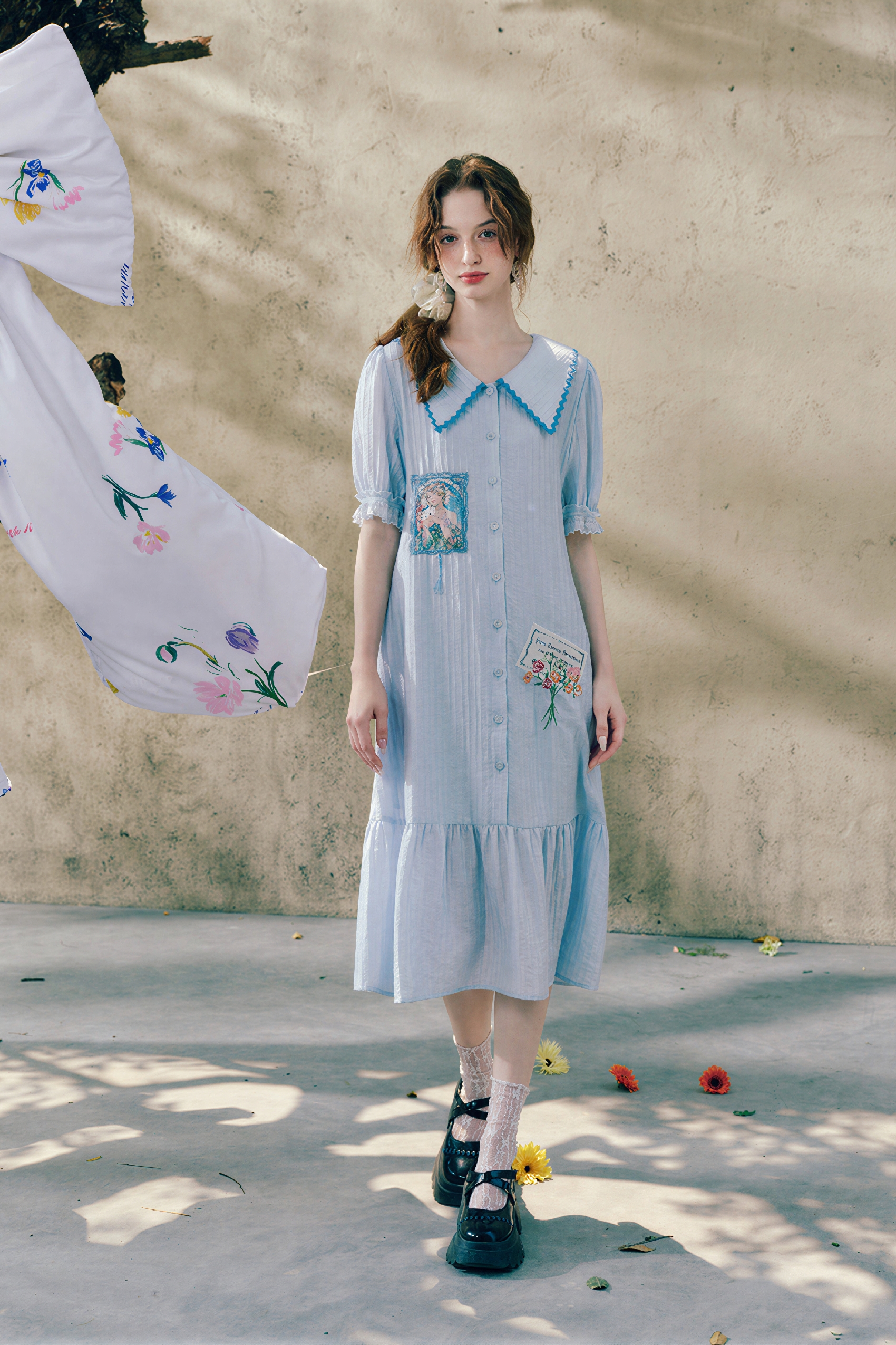 Blue Applique Waist-Defined Shirt Dress | LYONSENS Women's Fashion