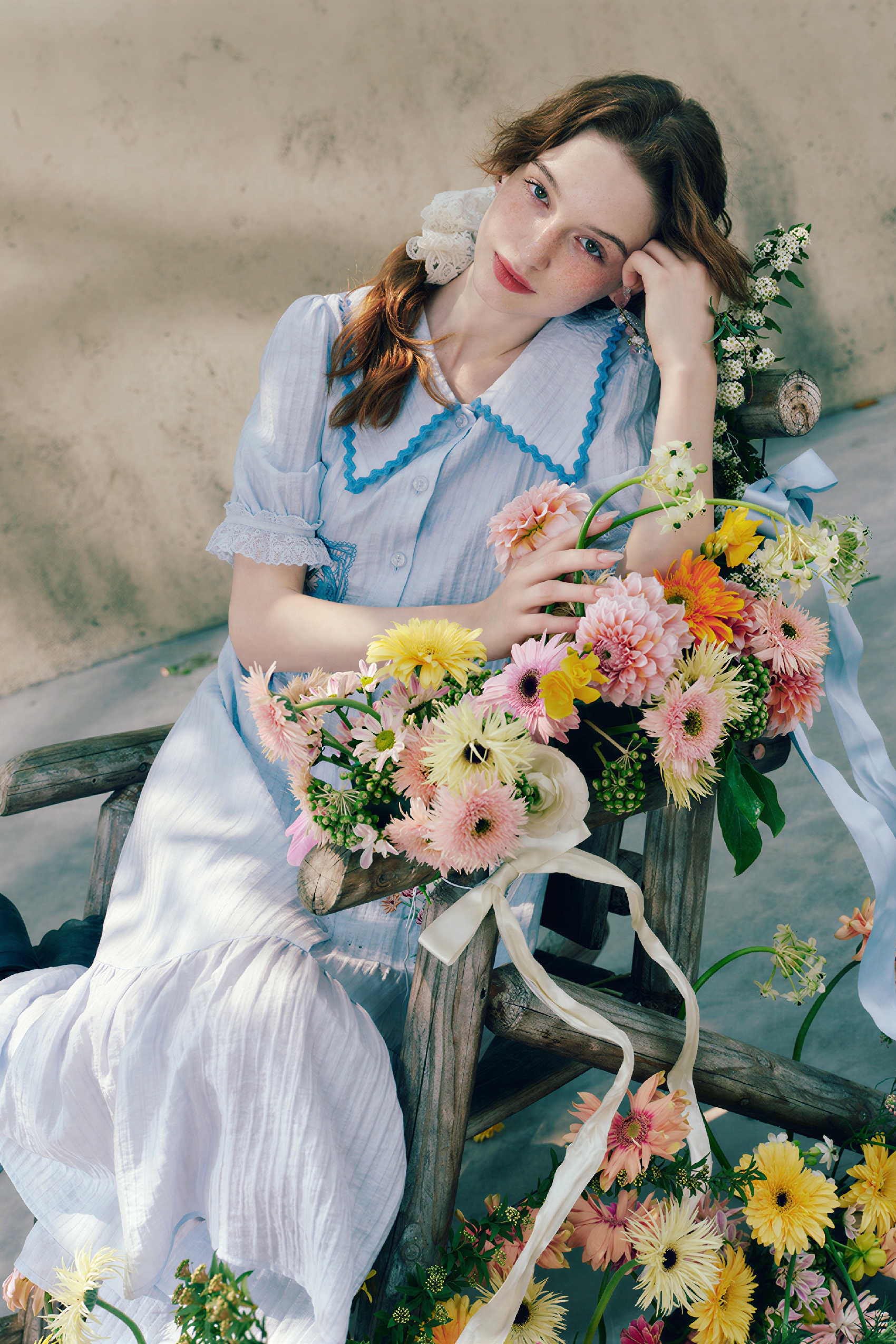 Blue Applique Waist-Defined Shirt Dress | LYONSENS Women's Fashion