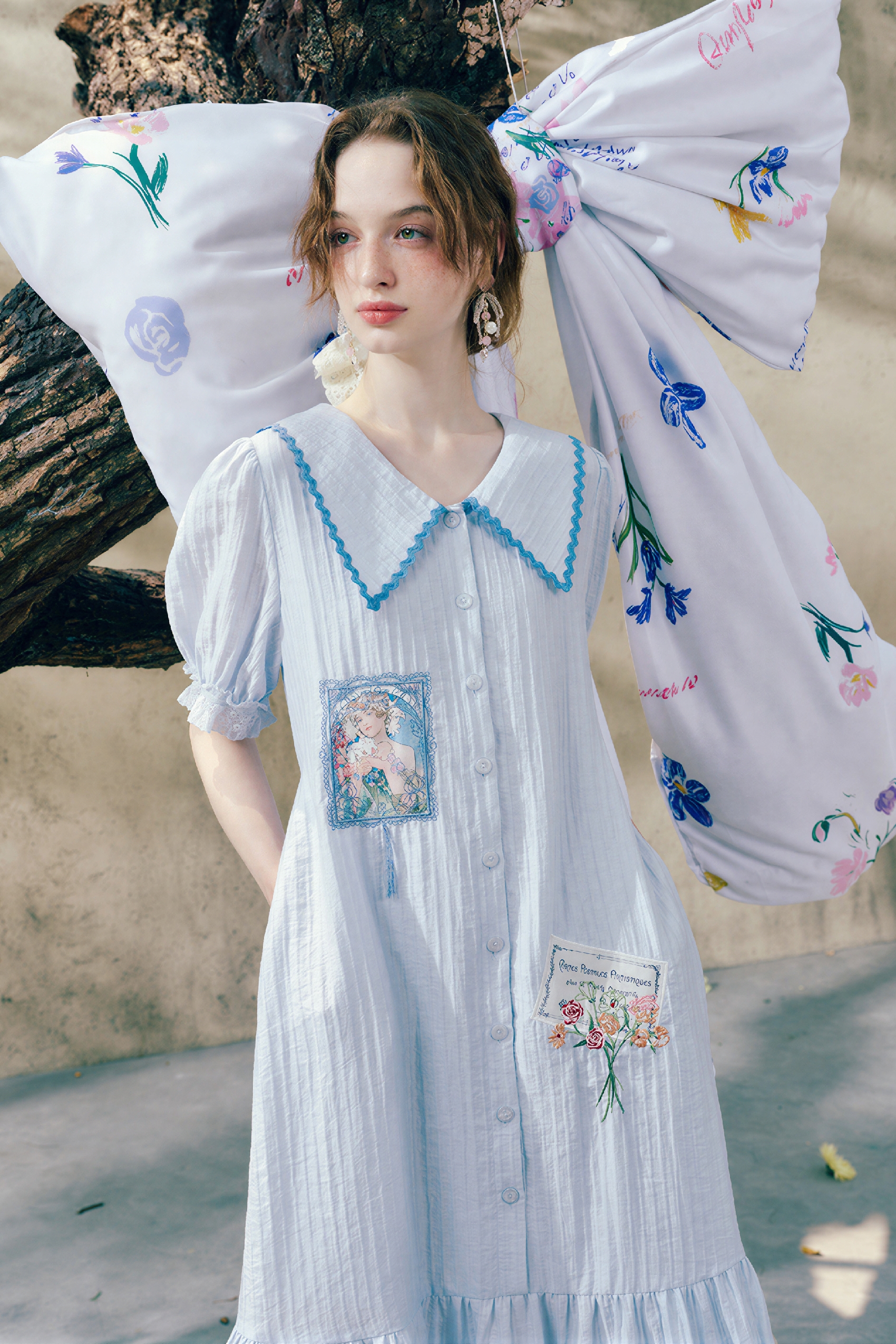 Blue Applique Waist-Defined Shirt Dress | LYONSENS Women's Fashion
