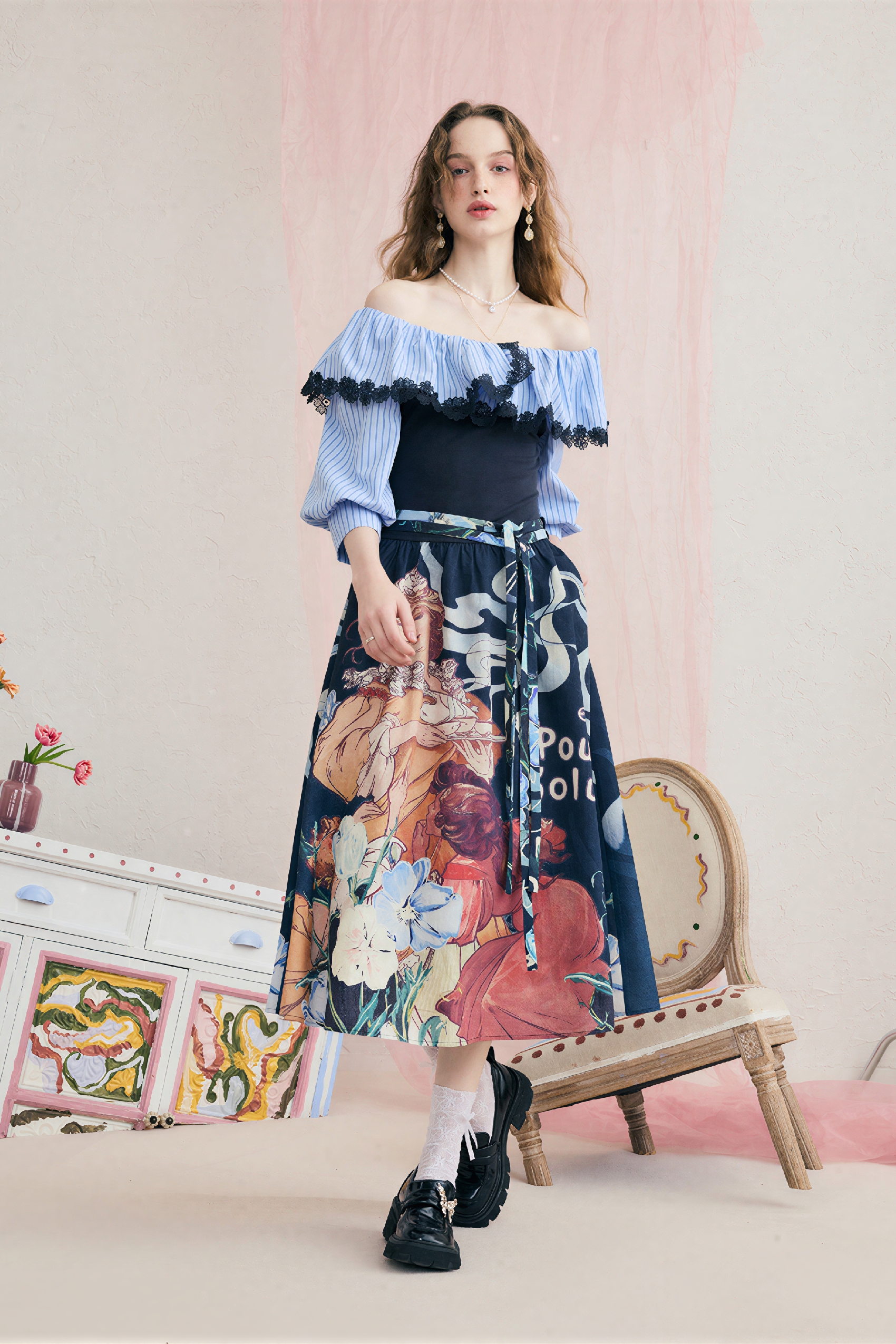 French Blue Off-Shoulder Dress-LYONSENS