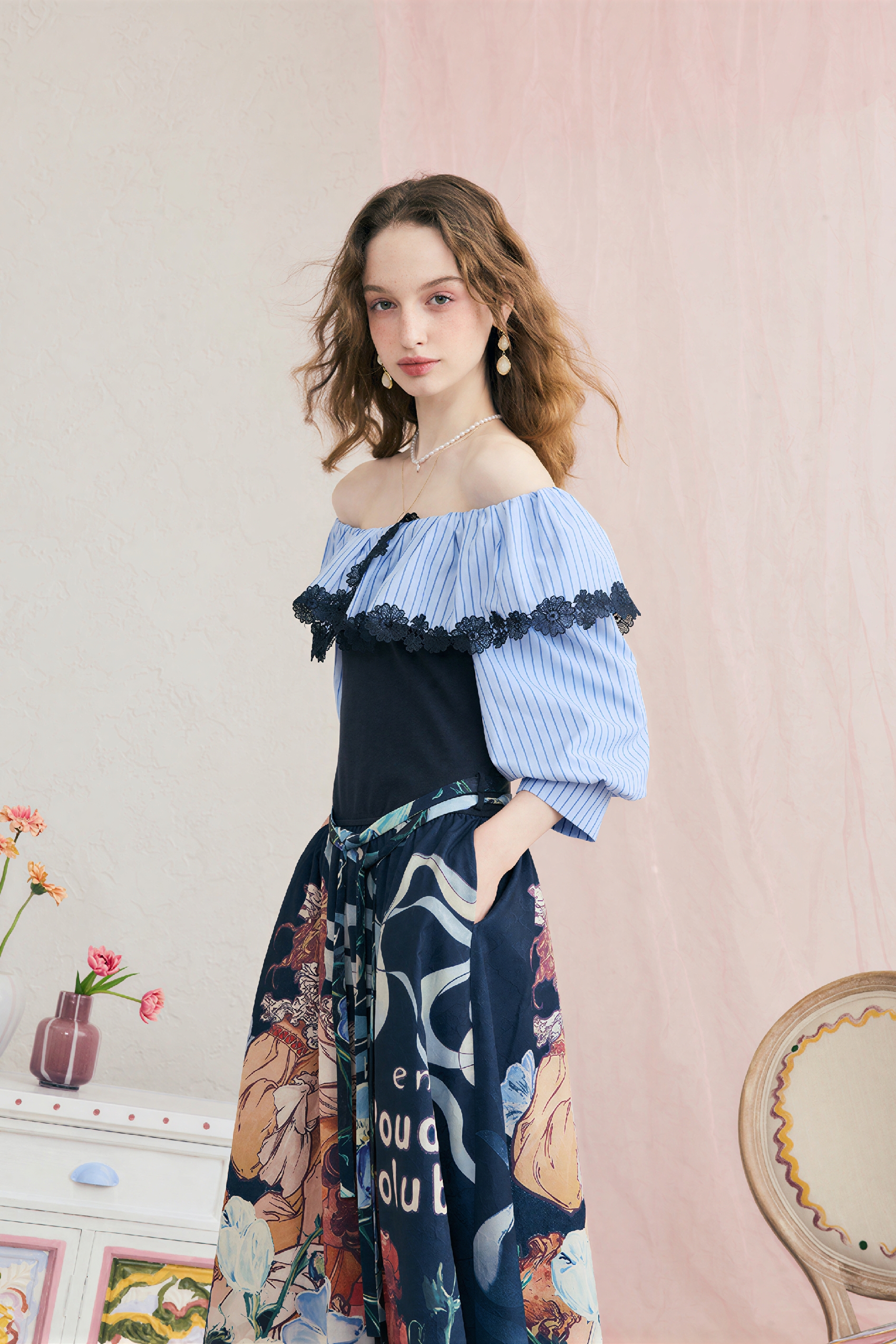 French Blue Off-Shoulder Dress-LYONSENS