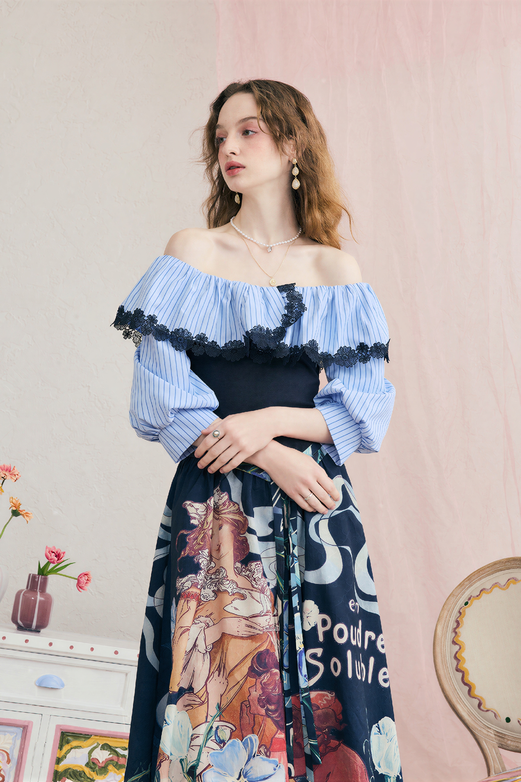 French Blue Off-Shoulder Dress-LYONSENS