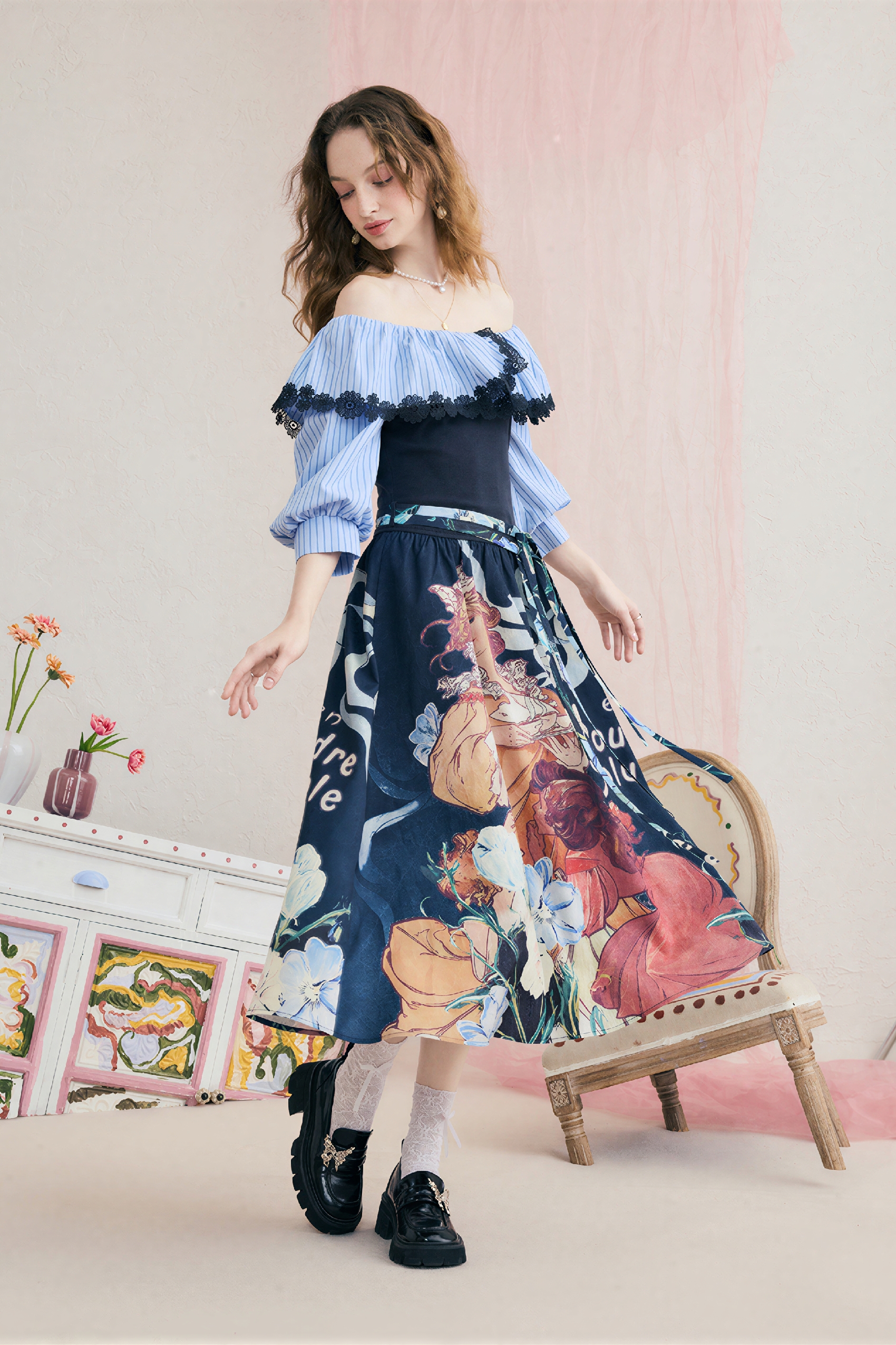 French Blue Off-Shoulder Dress-LYONSENS