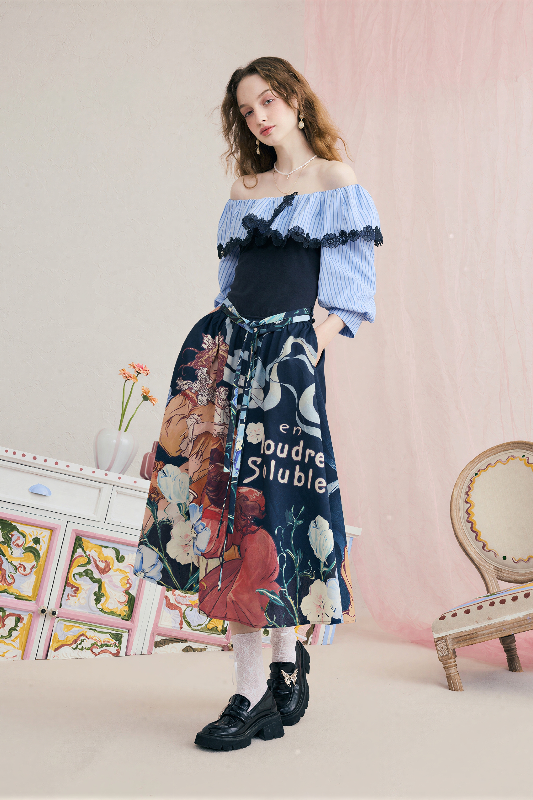 French Blue Off-Shoulder Dress-LYONSENS