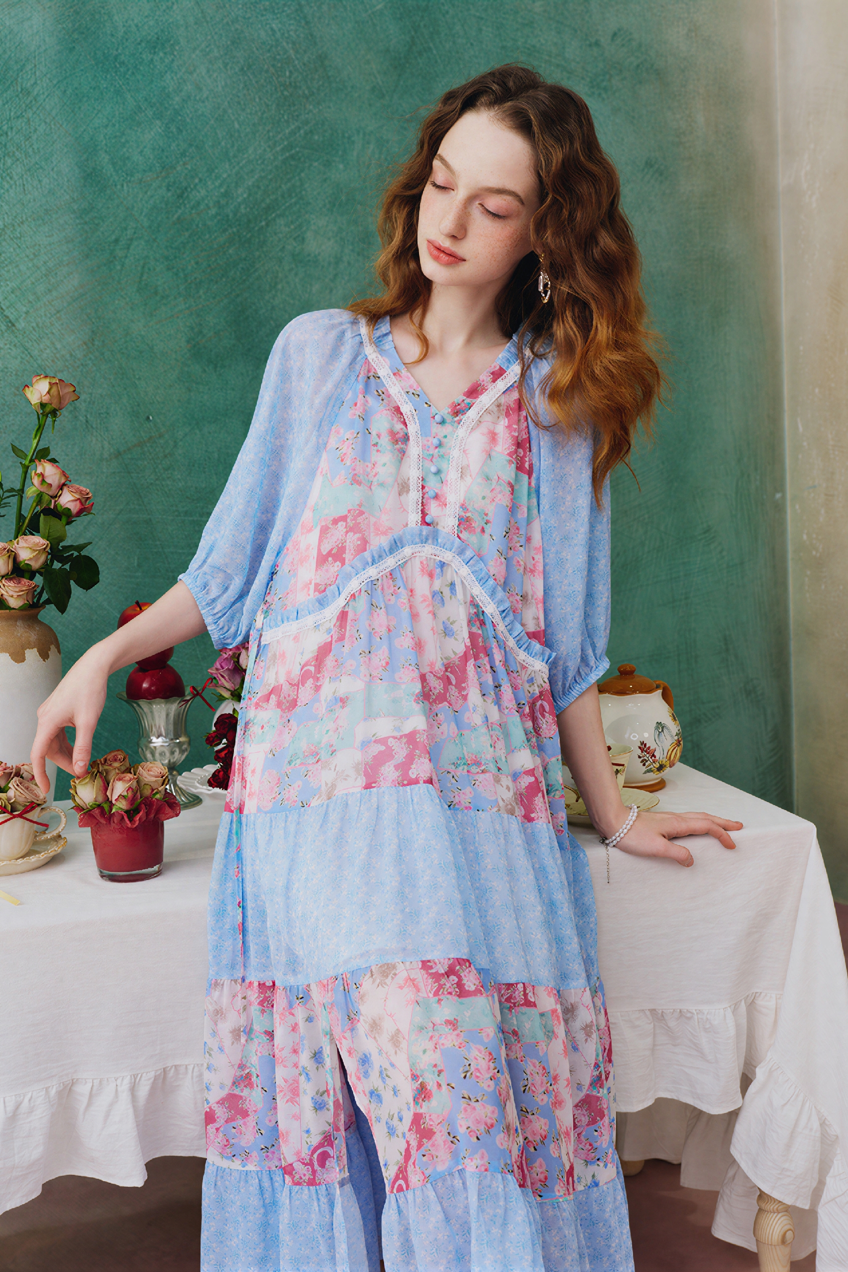 Floral Patchwork V-Neck Dress