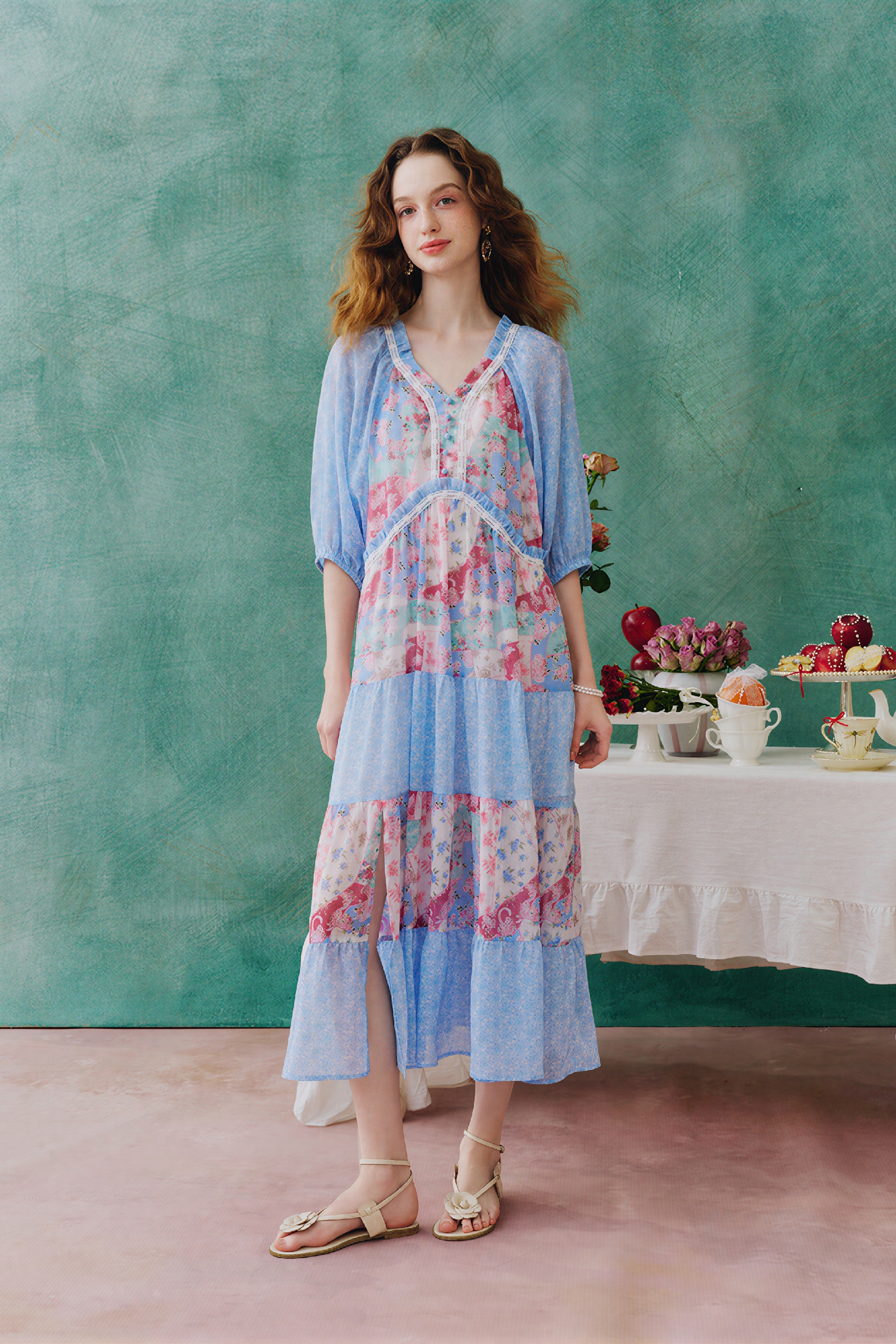 Floral Patchwork V-Neck Dress