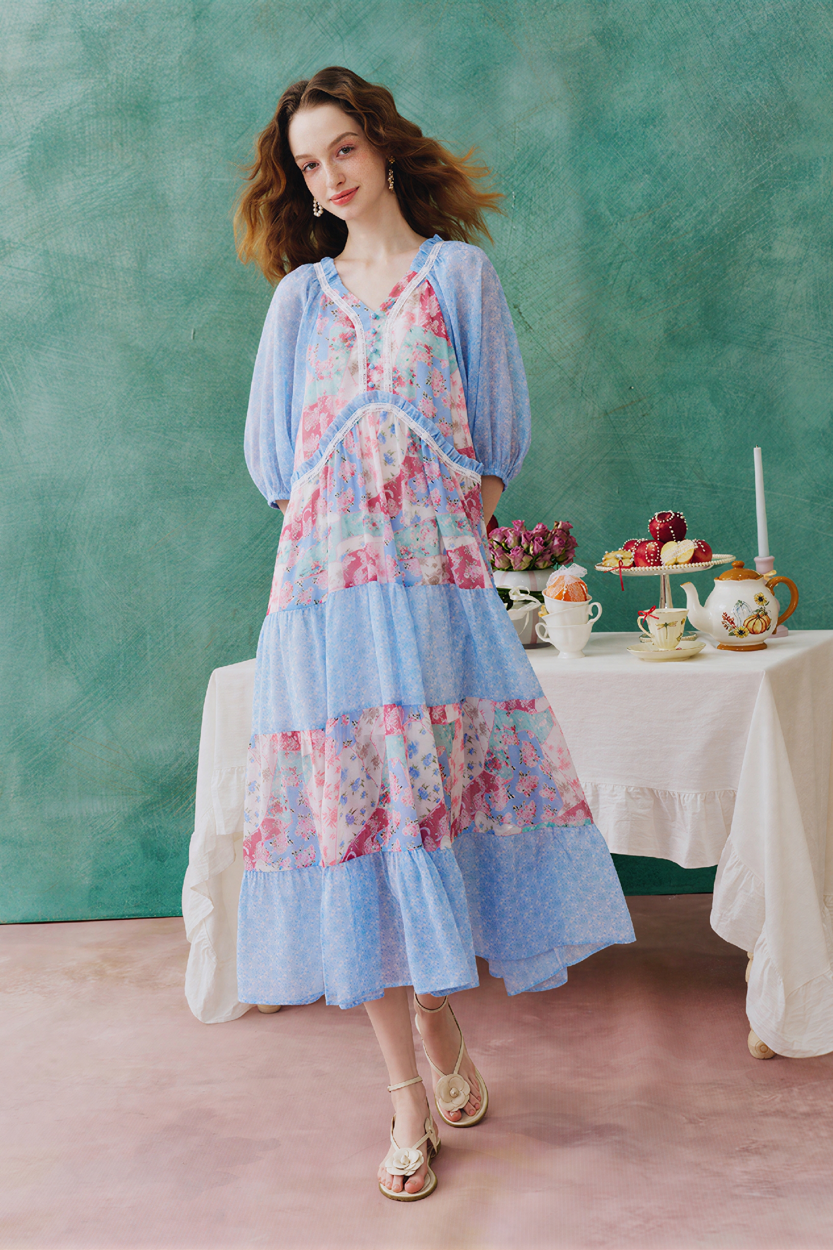 Floral Patchwork V-Neck Dress