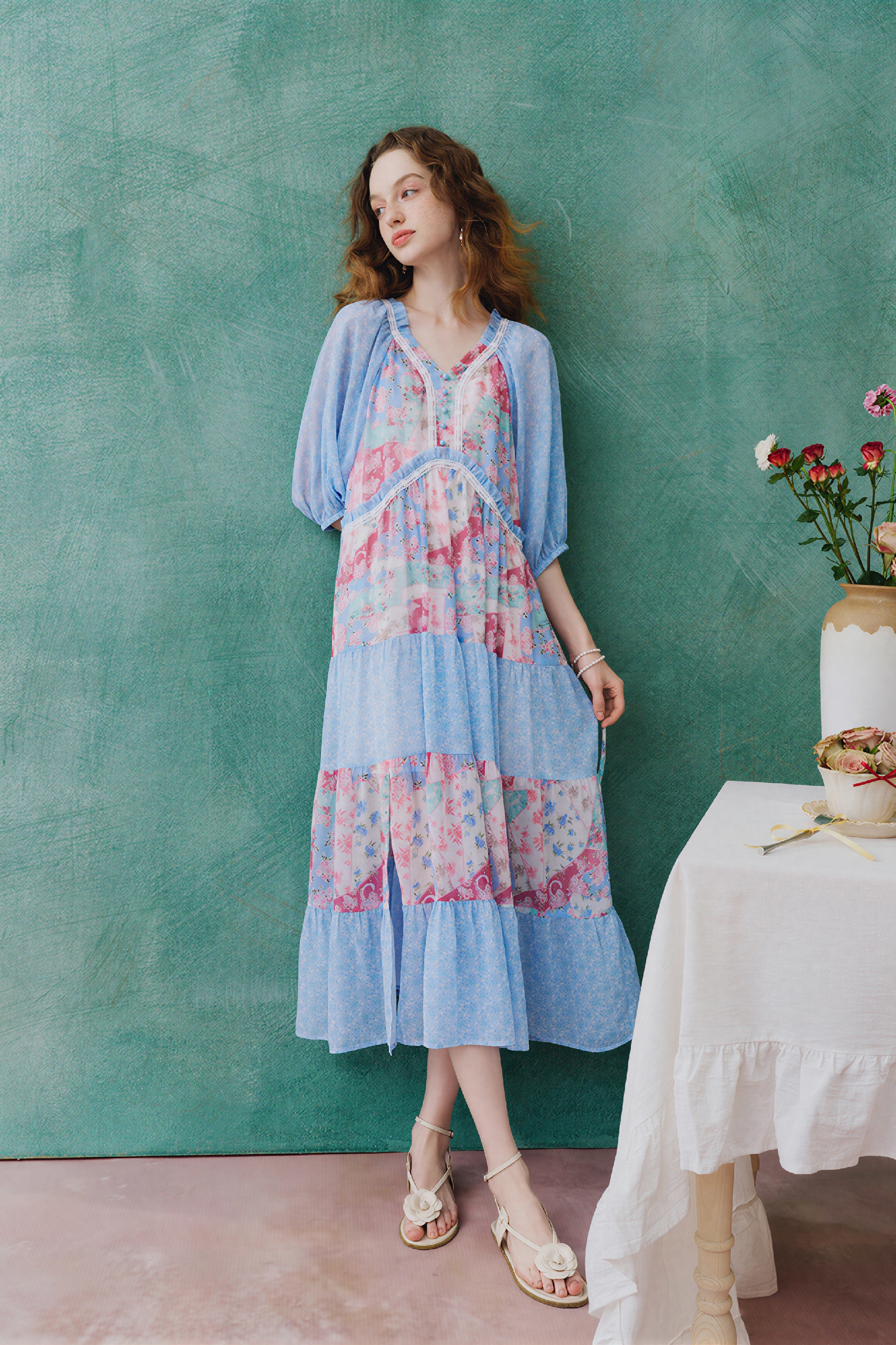 Floral Patchwork V-Neck Dress