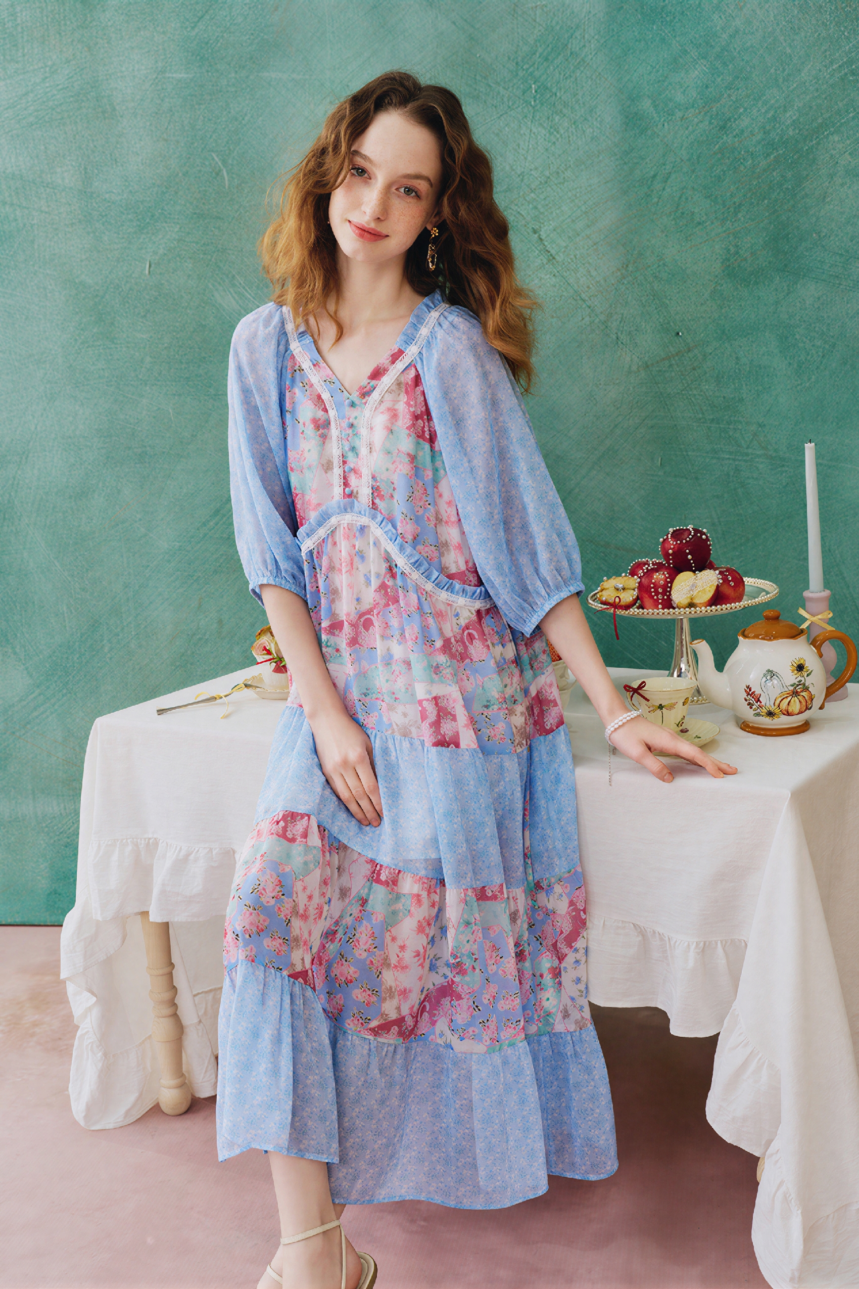 Floral Patchwork V-Neck Dress