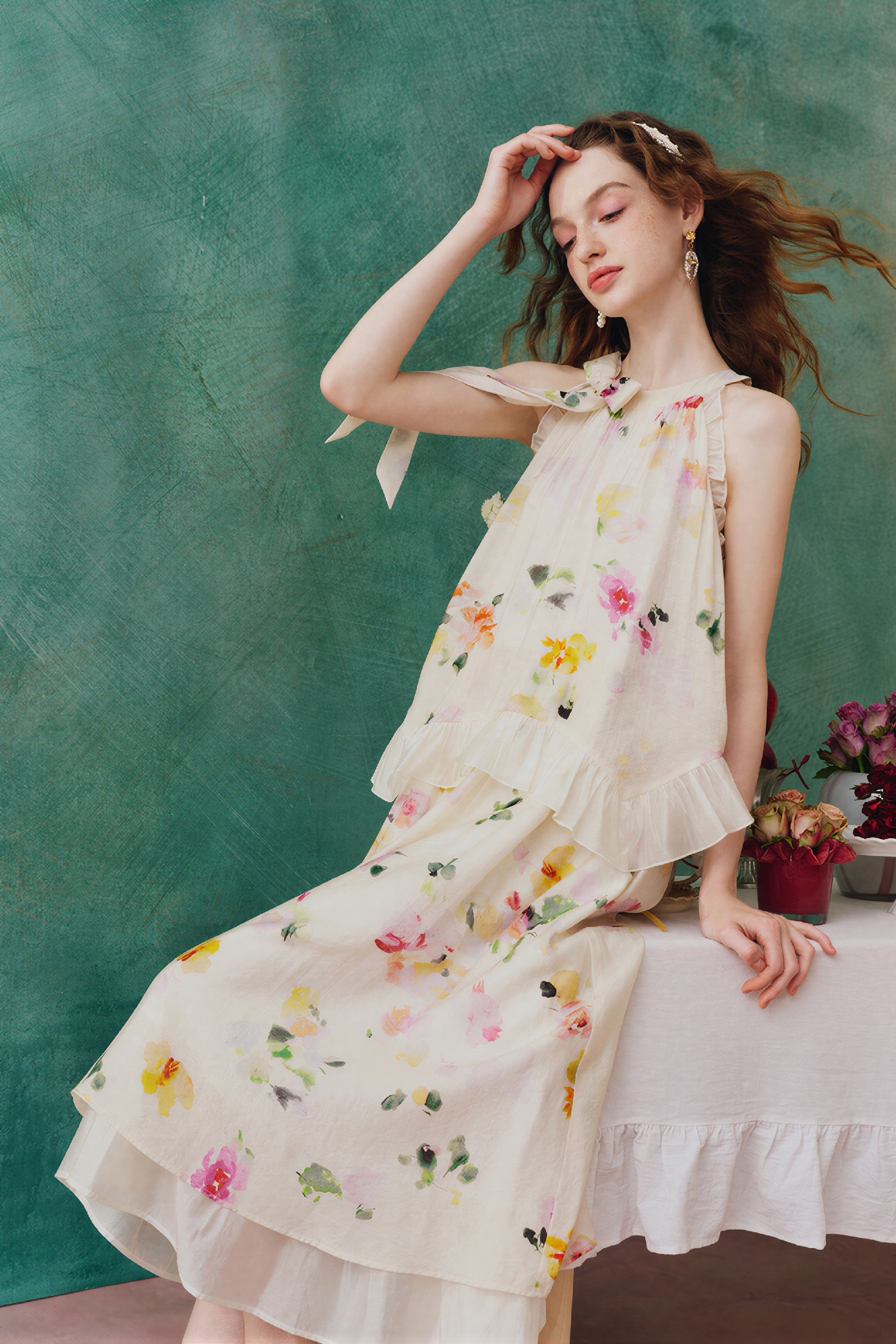 French Floral Halter-Neck Sleeveless Dress