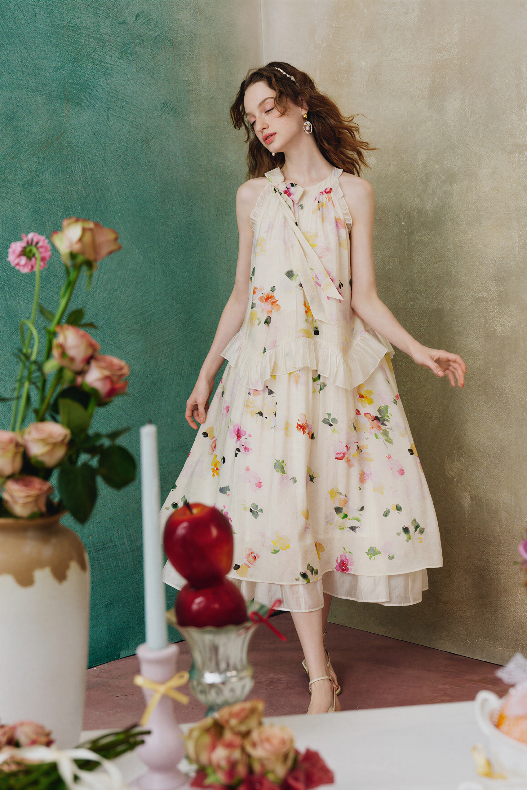 French Floral Halter-Neck Sleeveless Dress