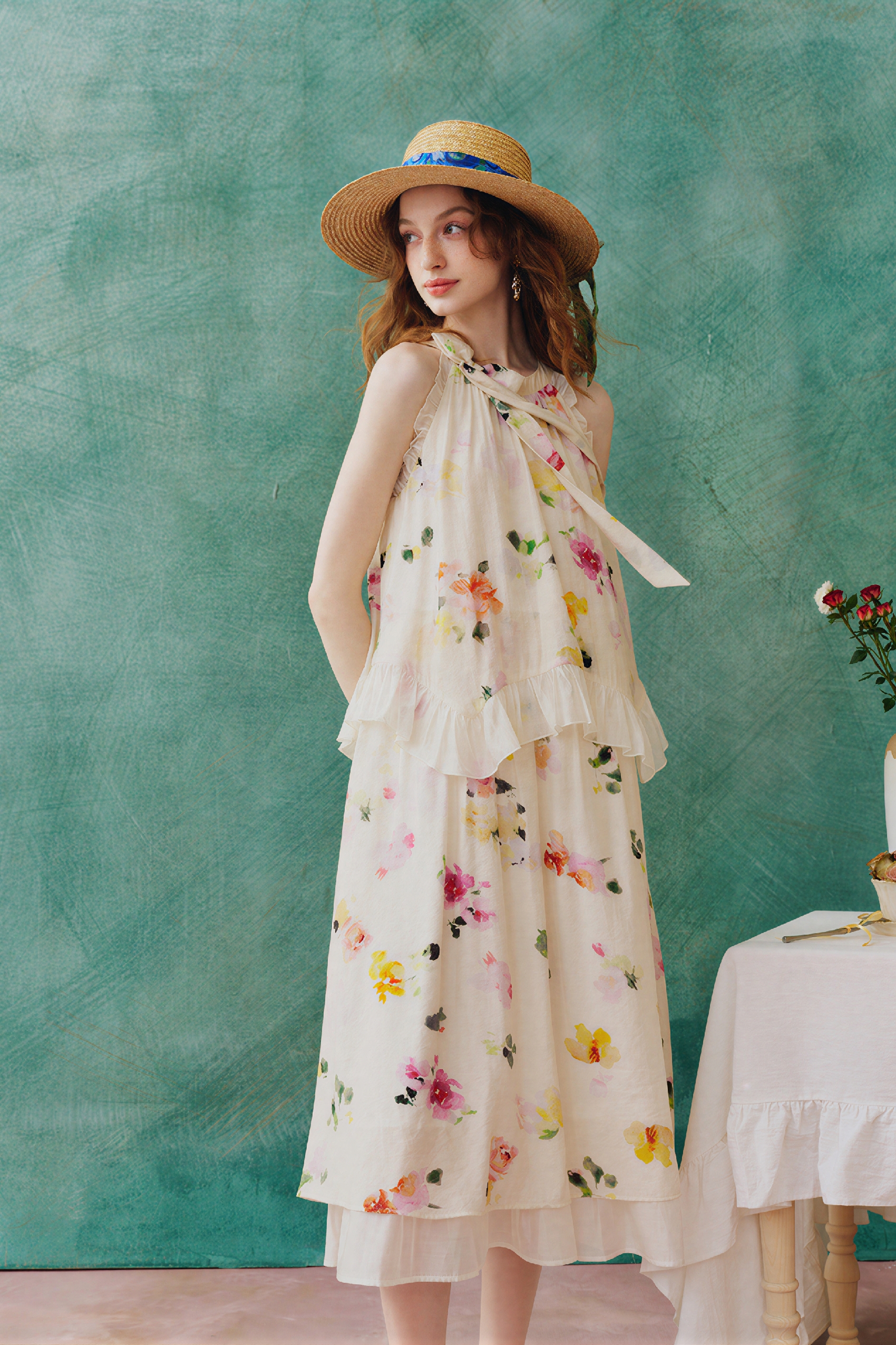 French Floral Halter-Neck Sleeveless Dress