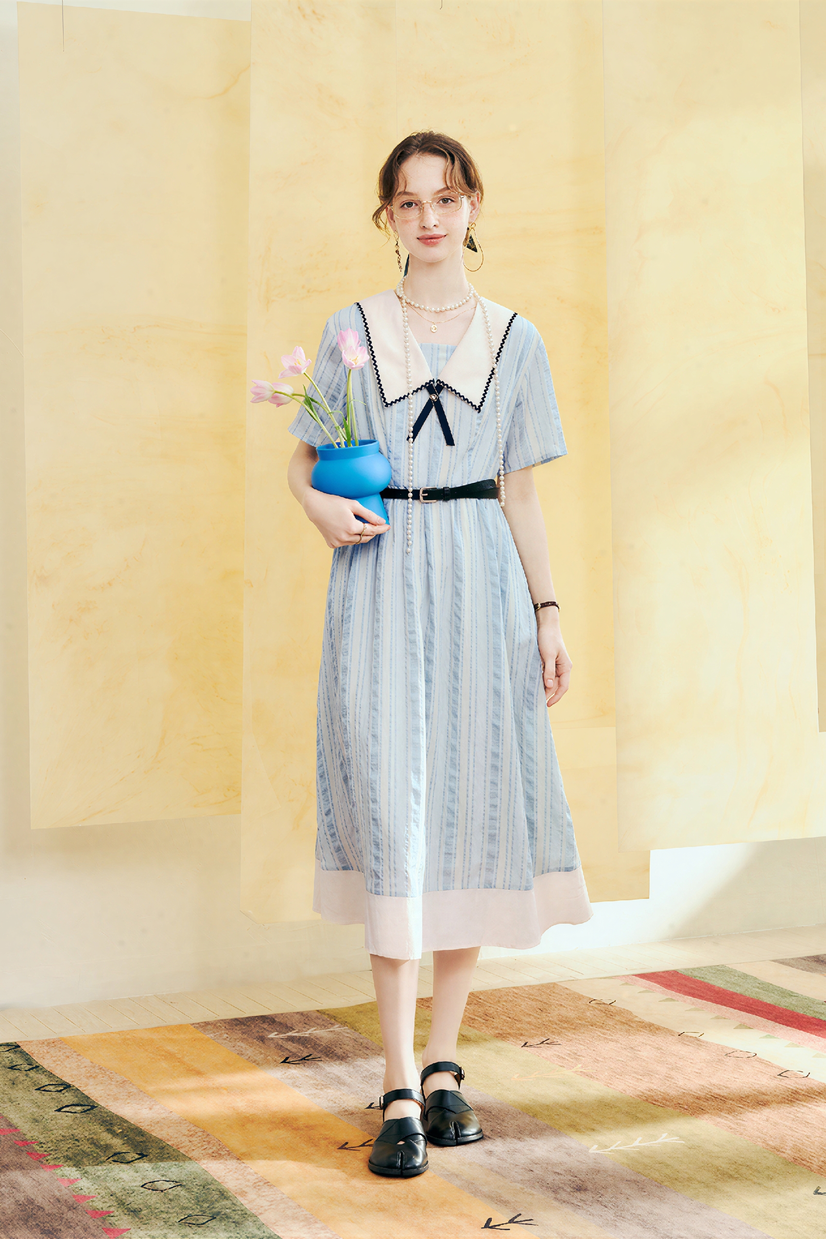 Matisse-Inspired Blue Sailor Collar Casual Dress