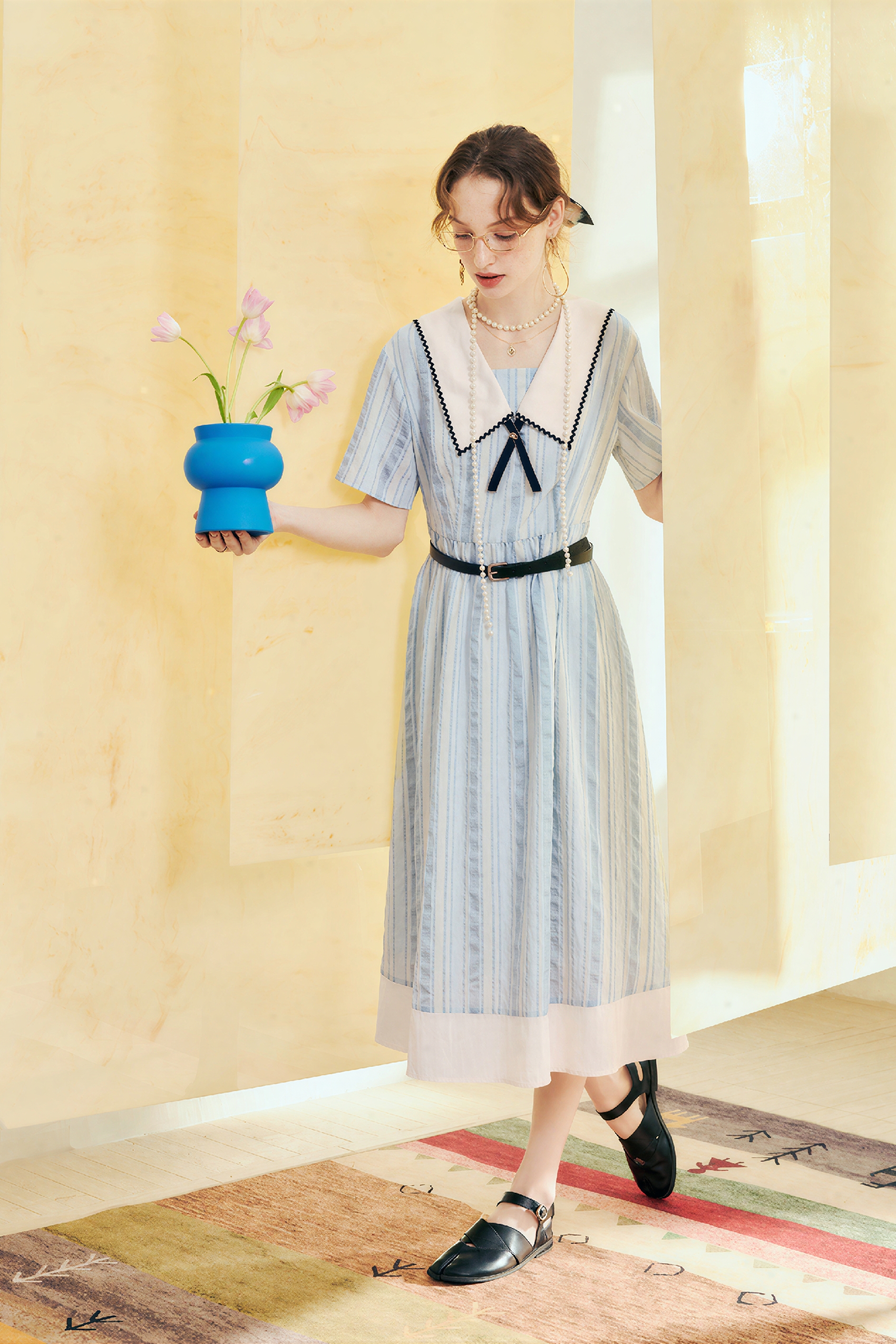 Matisse-Inspired Blue Sailor Collar Casual Dress