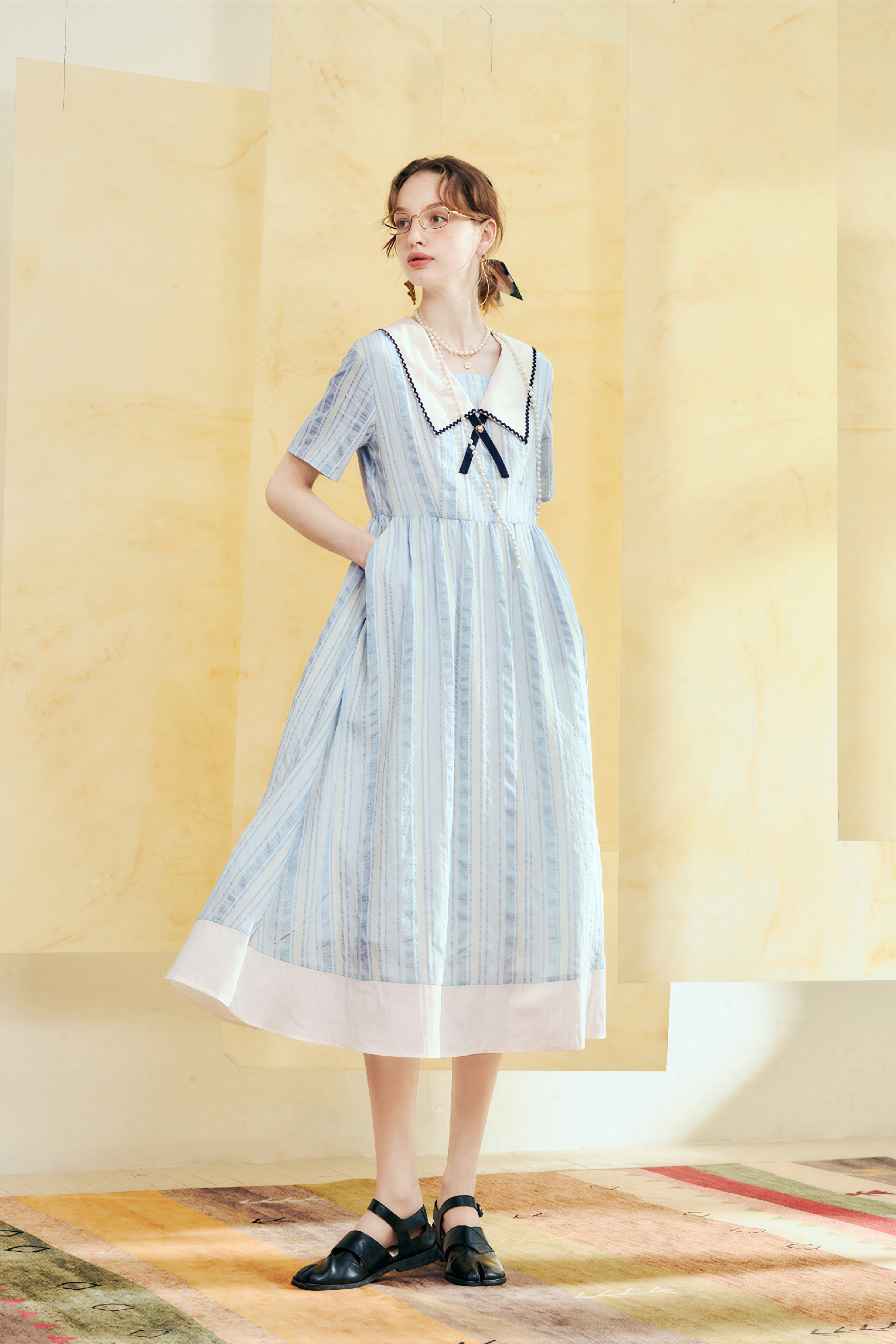 Matisse-Inspired Blue Sailor Collar Casual Dress