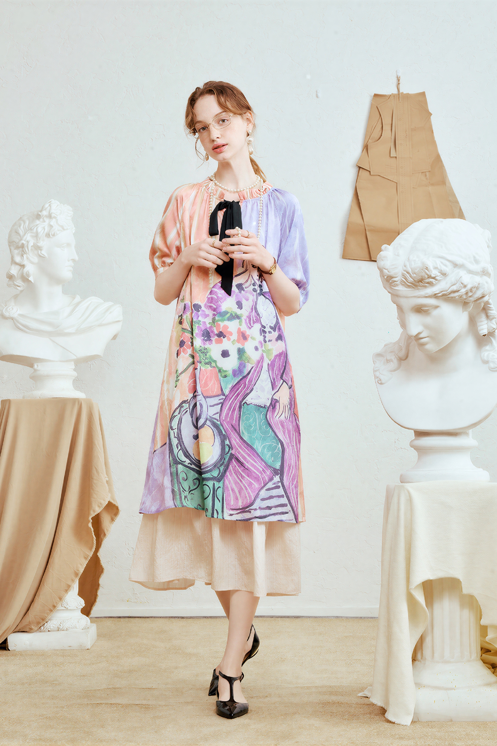 Vintage Printed Designer Short-Sleeve Dress