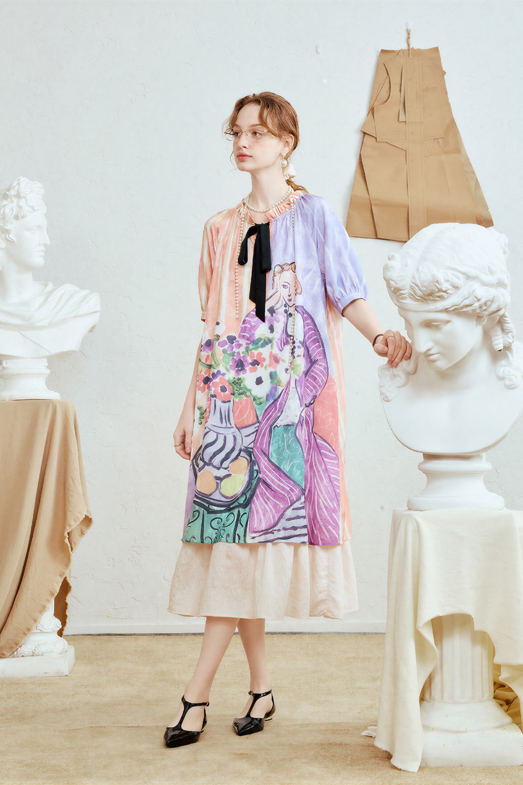 Vintage Printed Designer Short-Sleeve Dress