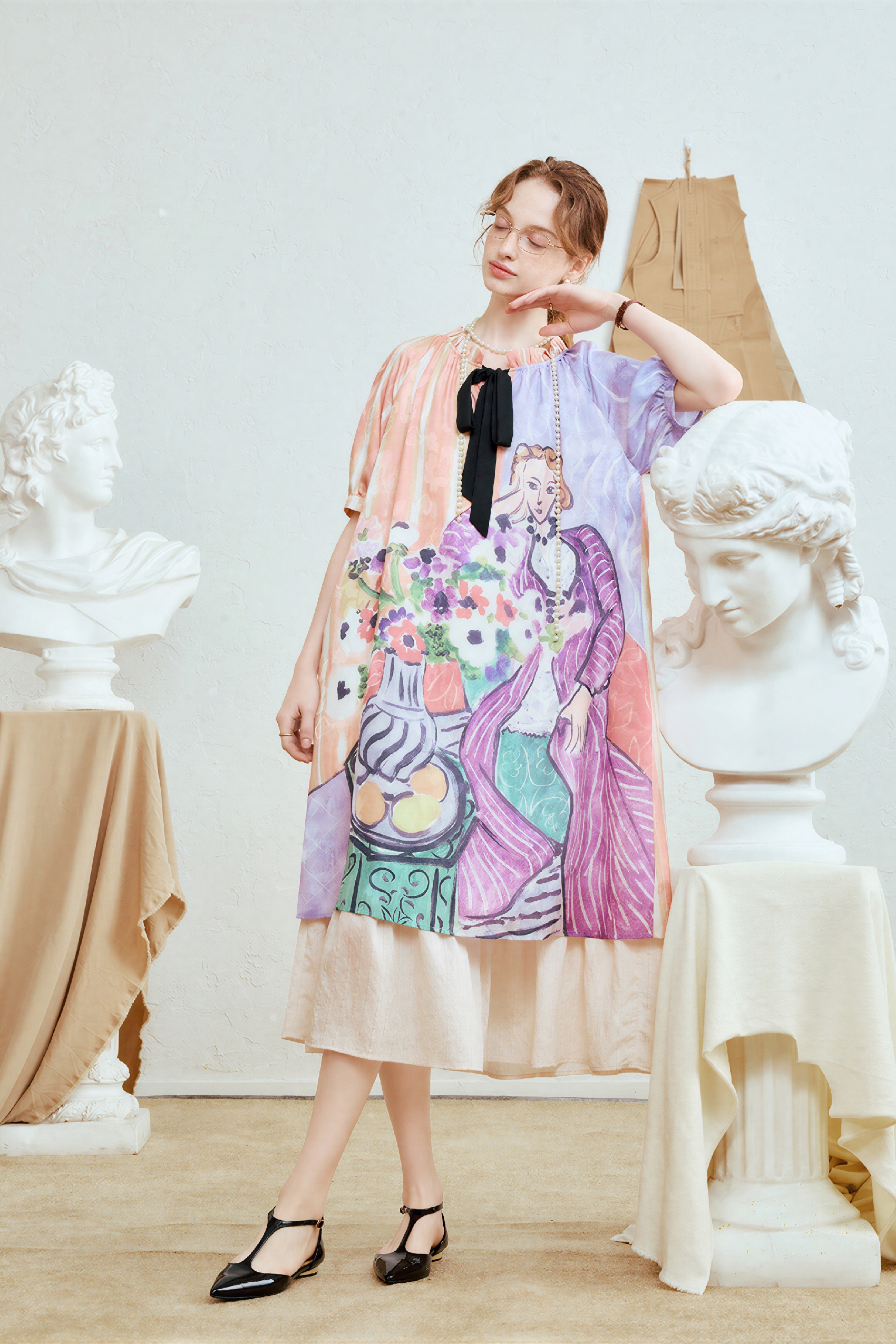 Vintage Printed Designer Short-Sleeve Dress