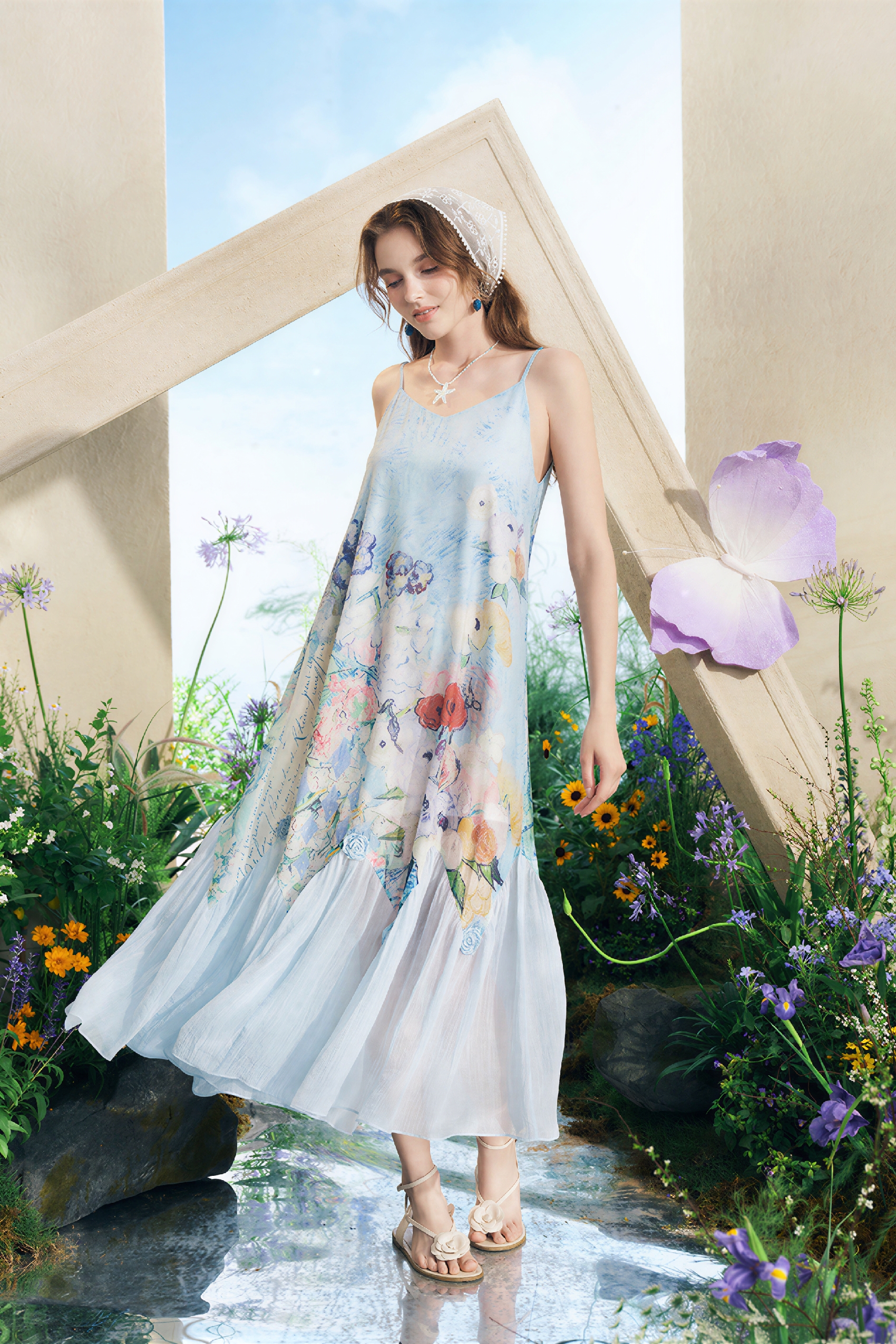 Sheer Printed Off-Shoulder Slip Dress