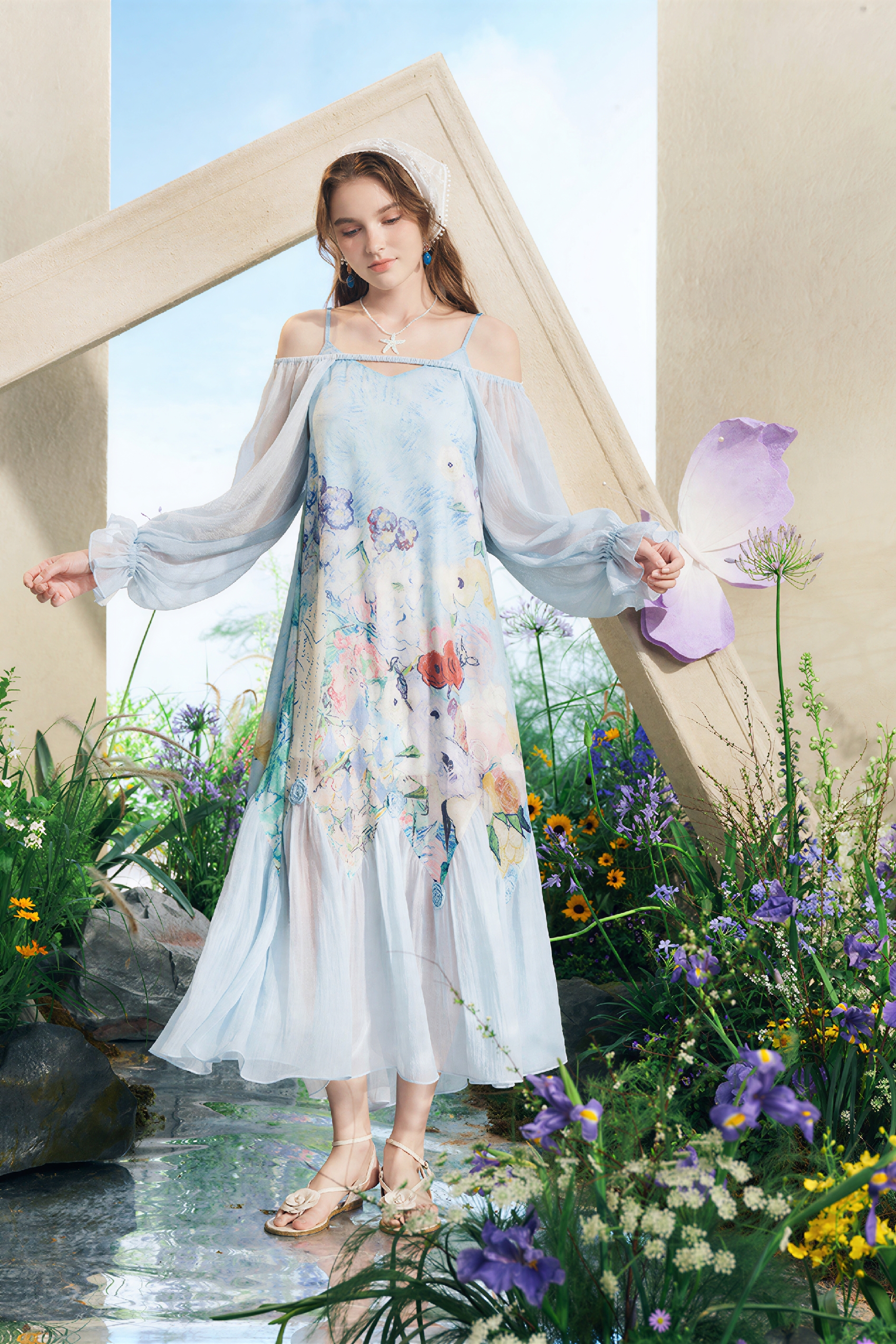 Sheer Printed Off-Shoulder Slip Dress