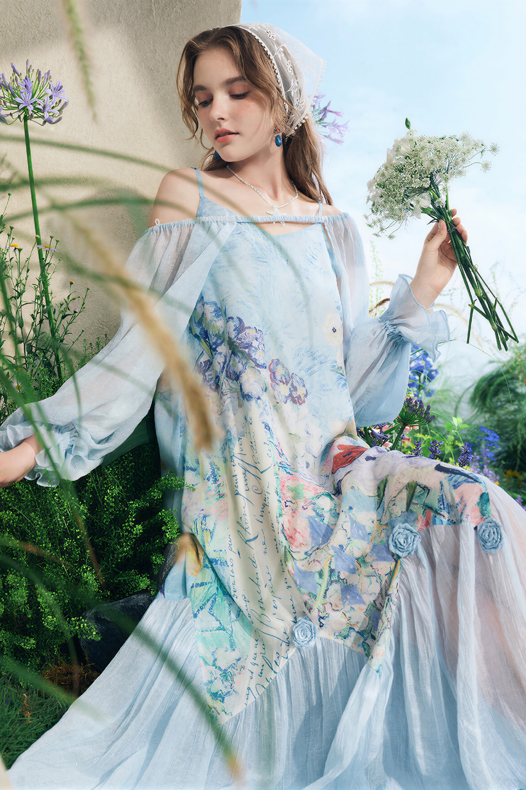 Sheer Printed Off-Shoulder Slip Dress