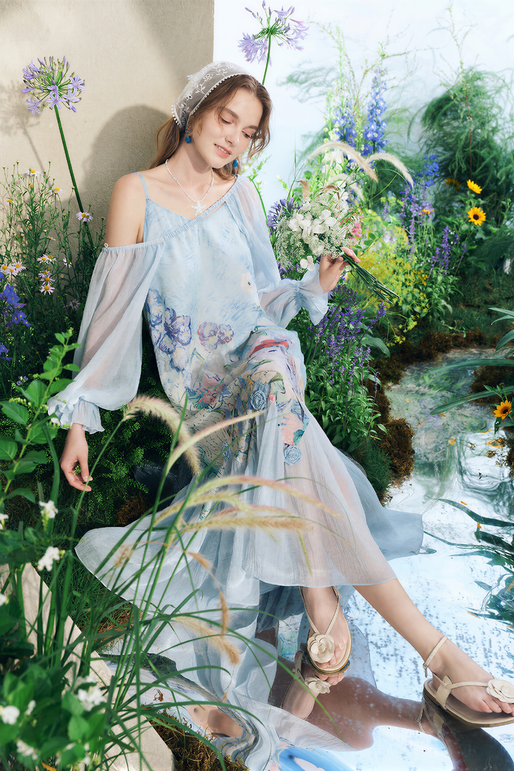 Sheer Printed Off-Shoulder Slip Dress