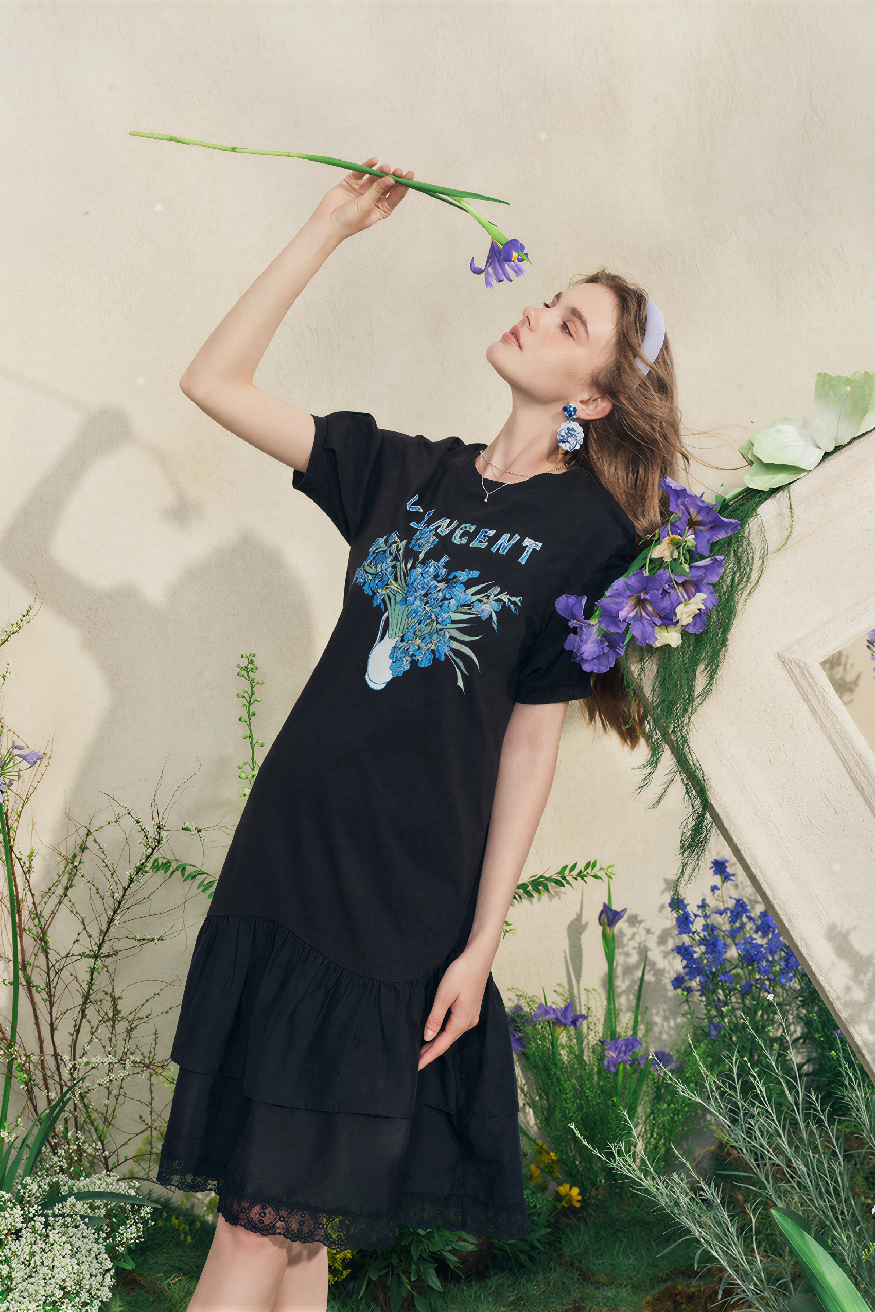 Black Relaxed-Fit Printed Lace Designer Dress