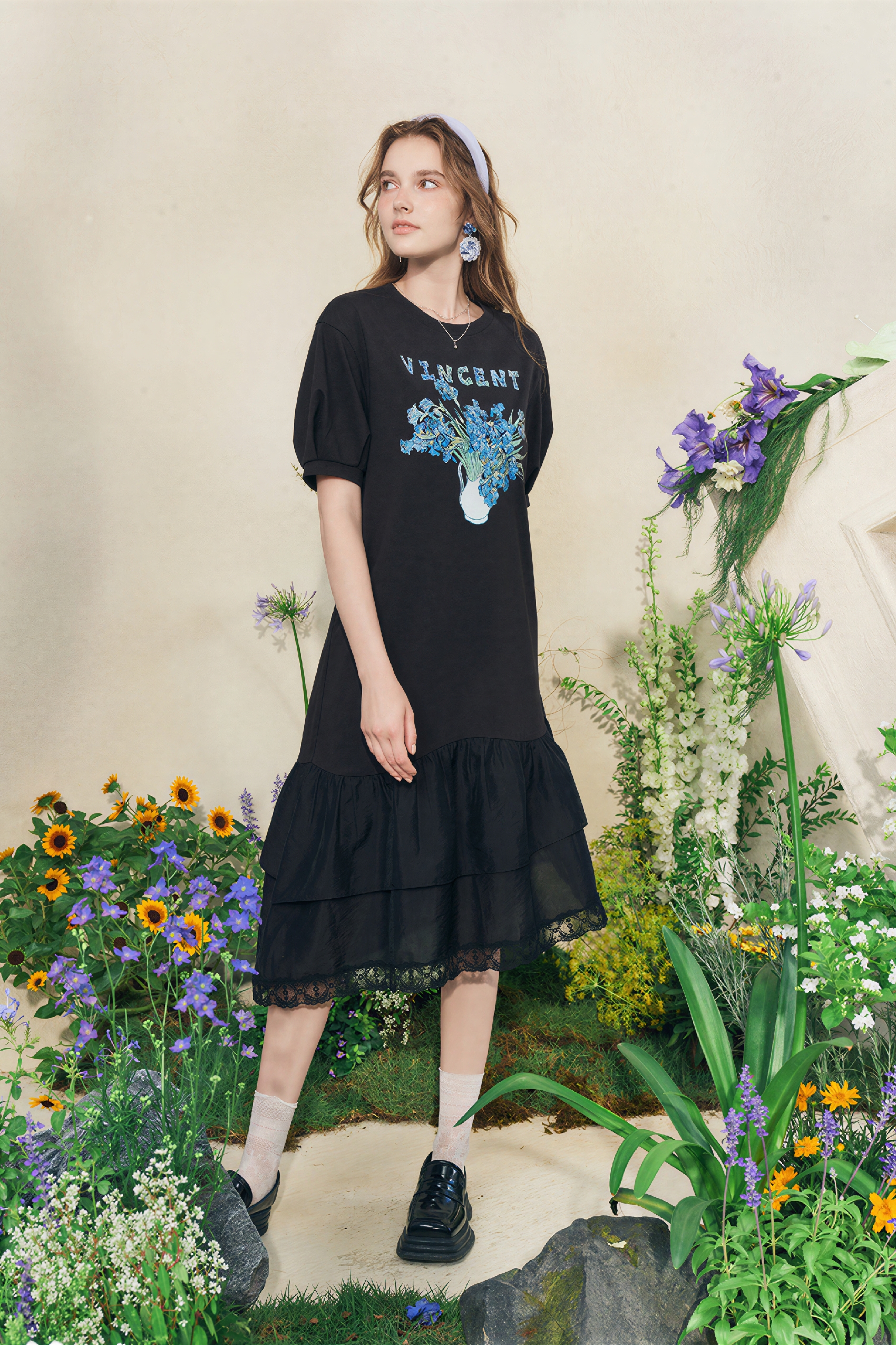 Black Relaxed-Fit Printed Lace Designer Dress