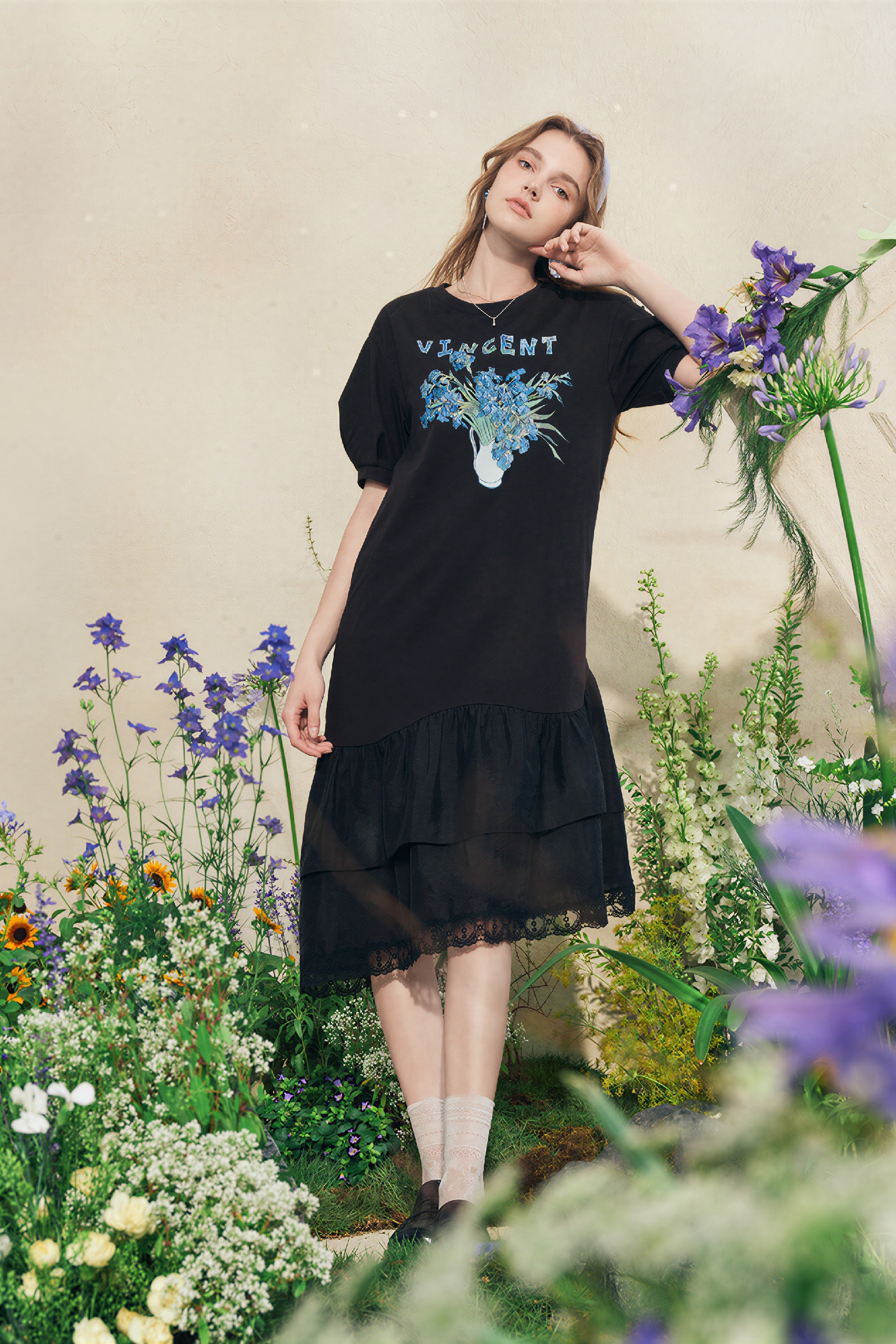 Black Relaxed-Fit Printed Lace Designer Dress