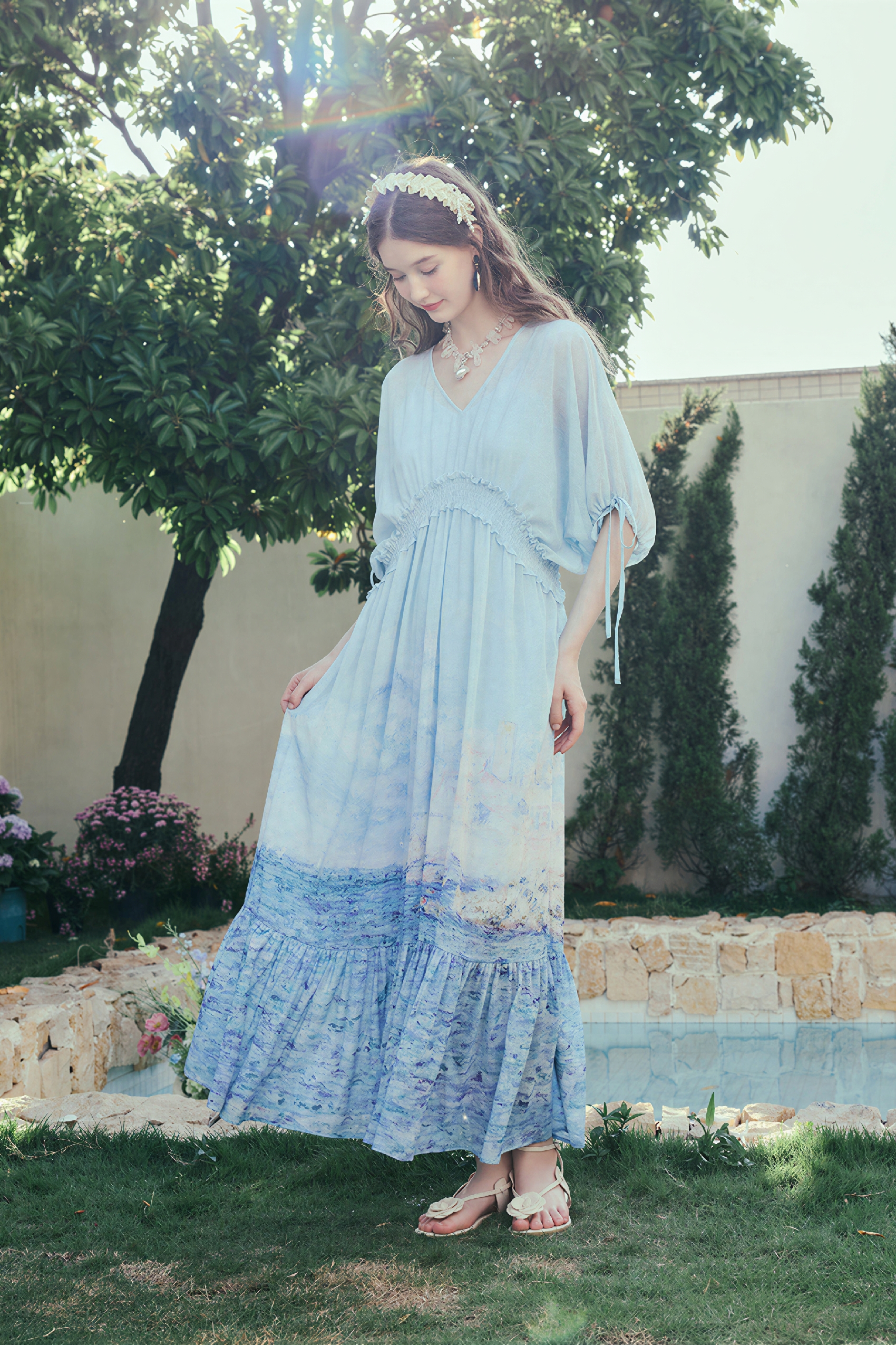 Blue Waist-Defined Relaxed Maxi Dress