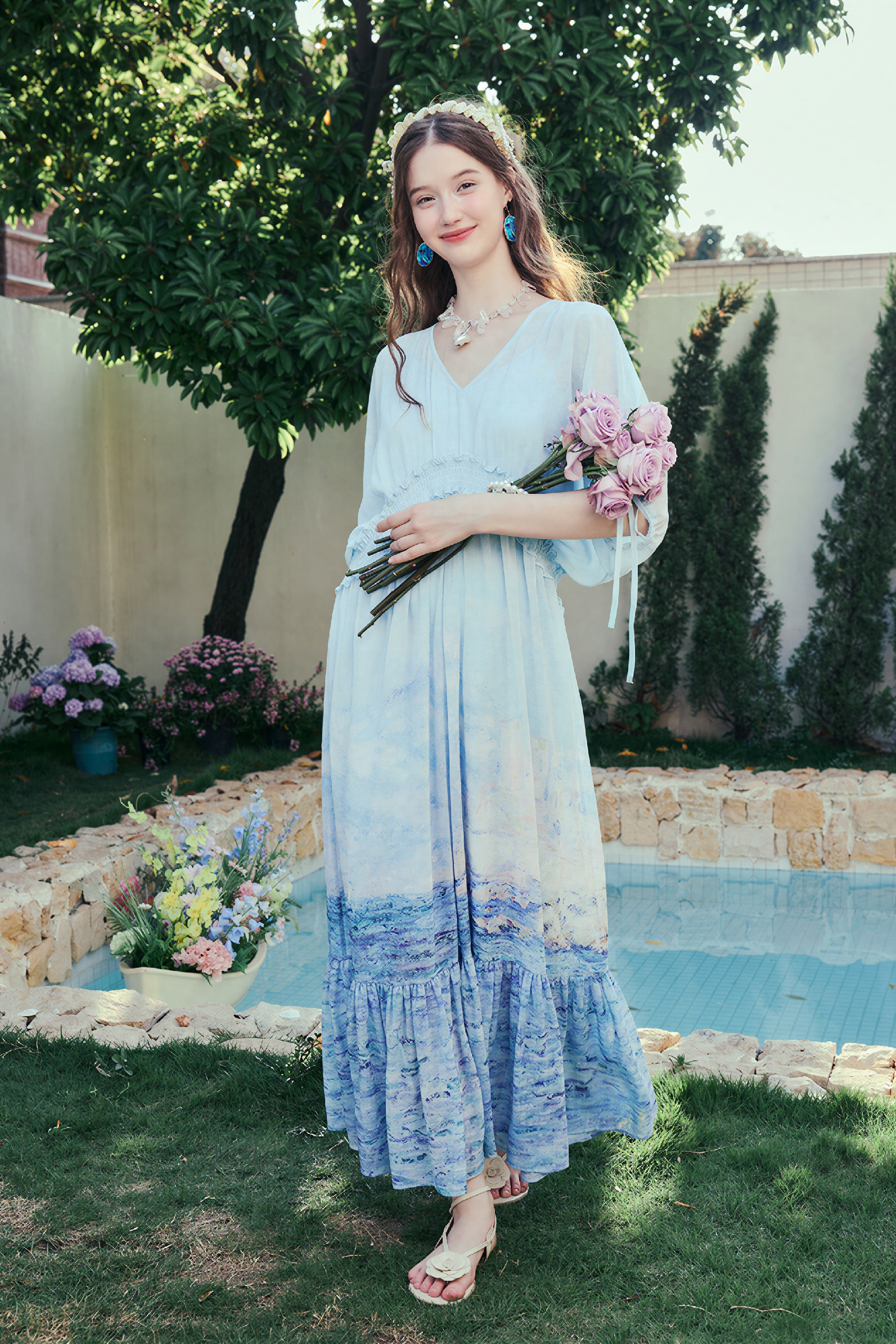 Blue Waist-Defined Relaxed Maxi Dress
