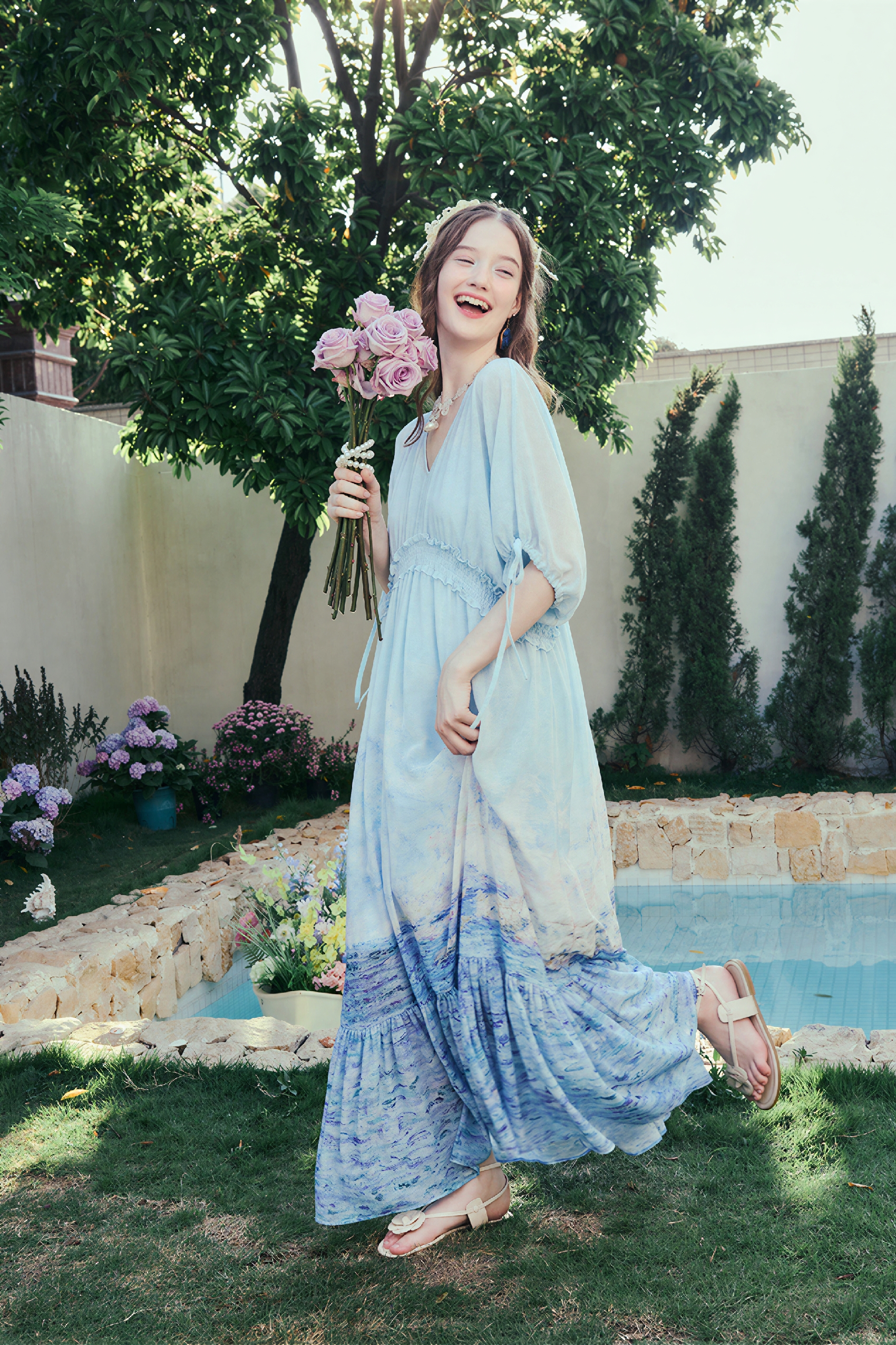 Blue Waist-Defined Relaxed Maxi Dress