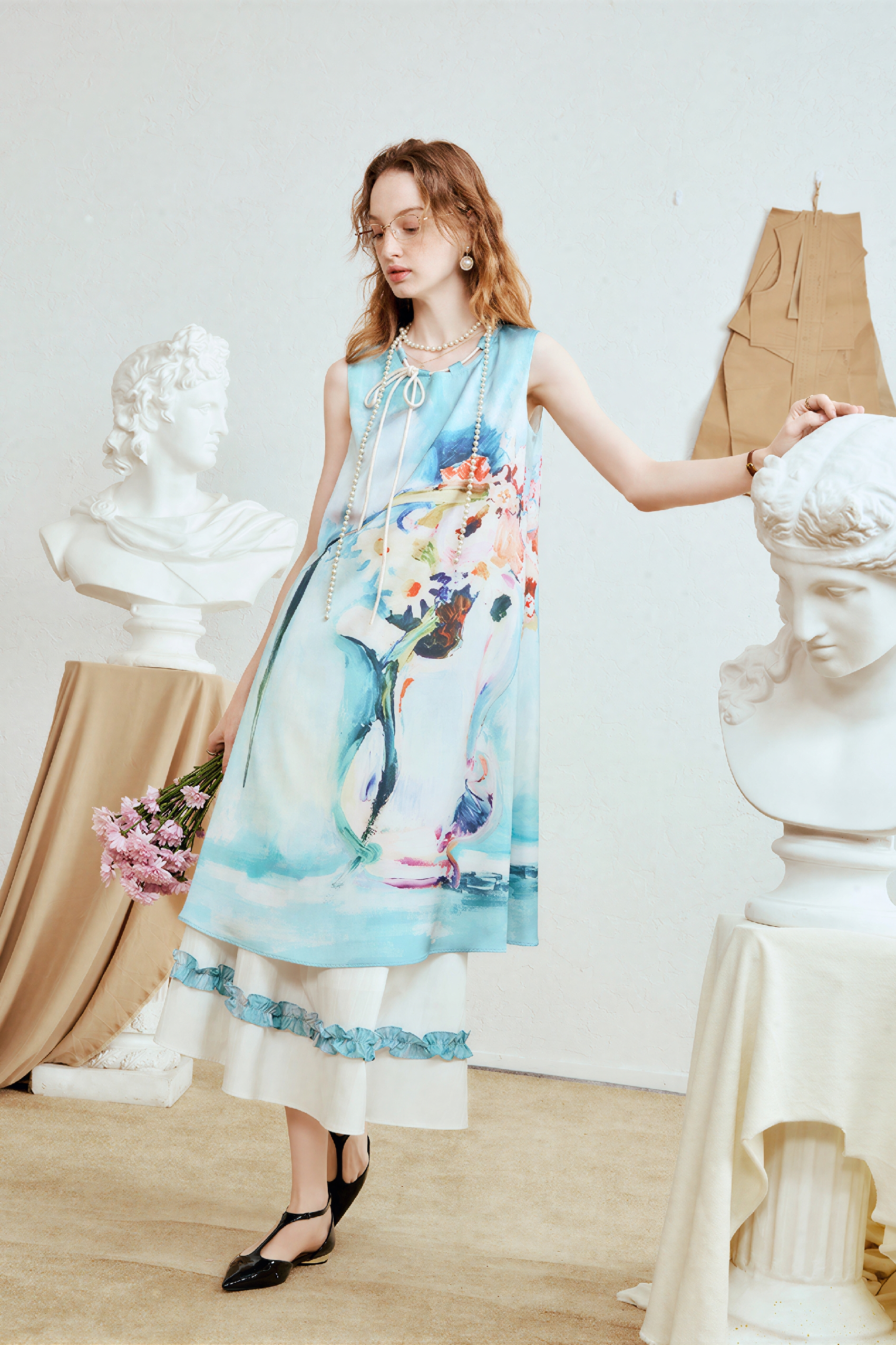 Blue Relaxed-Fit Printed Designer Dress