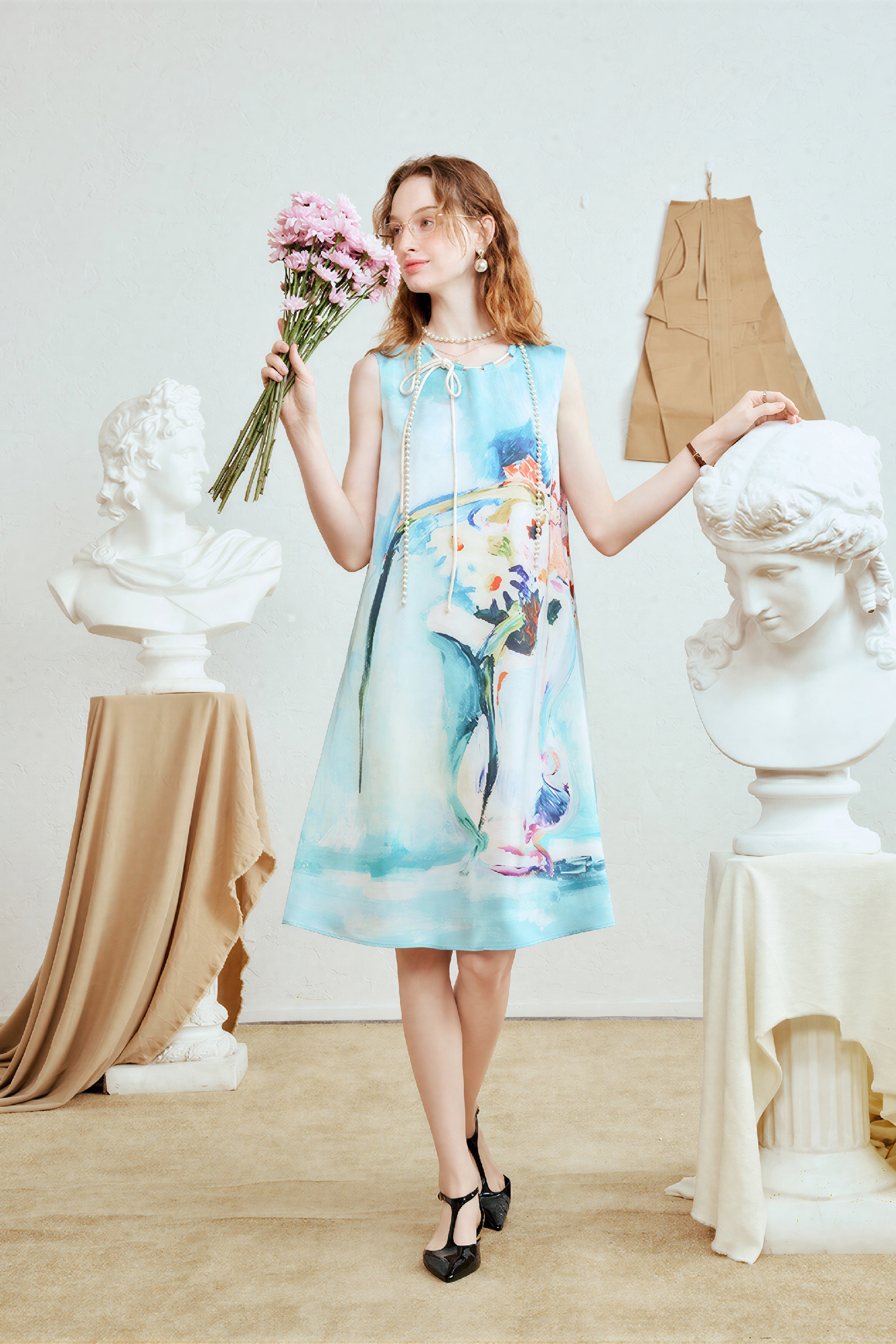 Blue Relaxed-Fit Printed Designer Dress