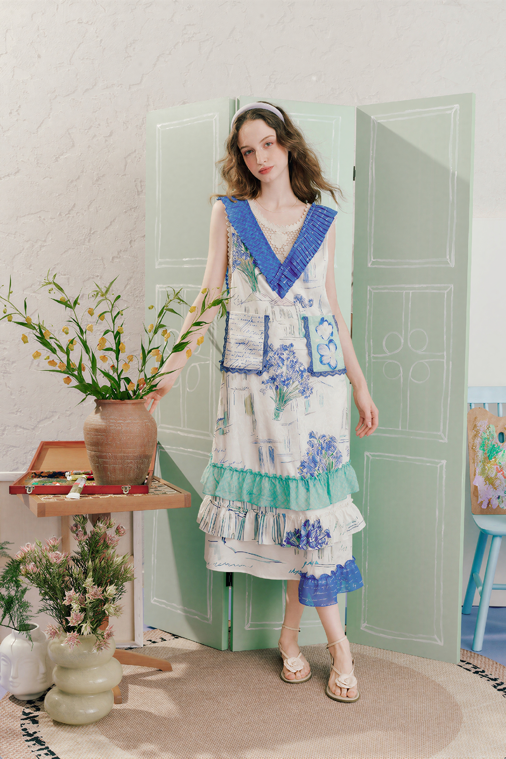 Printed French V-Neck Dress