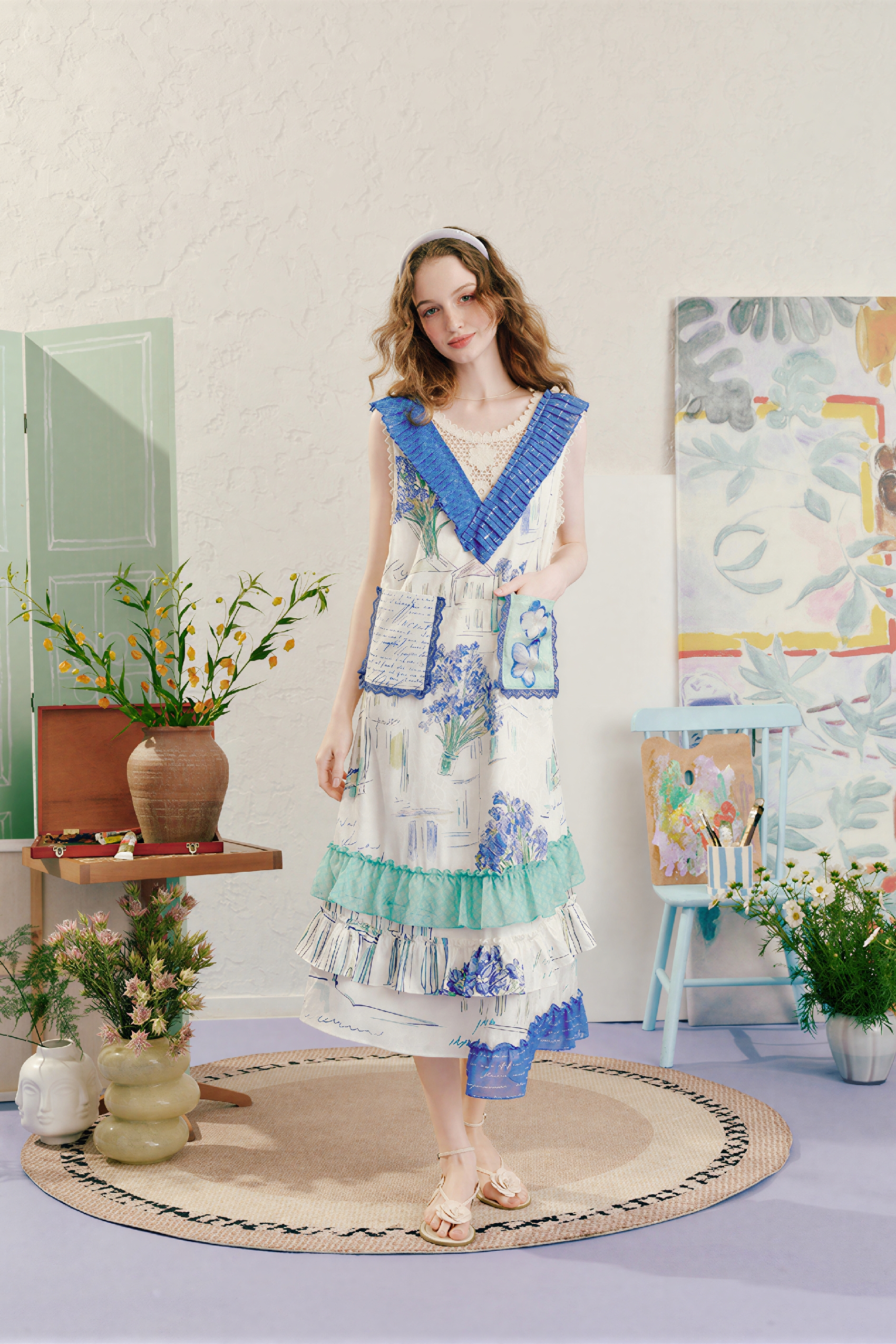 Printed French V-Neck Dress