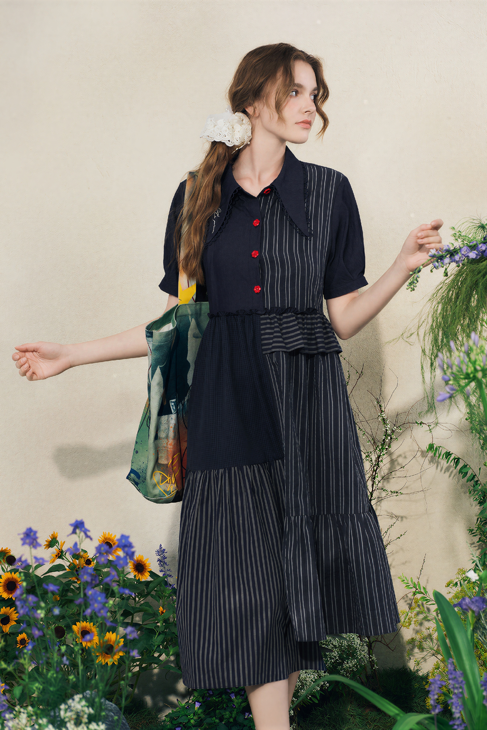 Black Asymmetric French Patchwork Dress | LYONSENS Women's Fashion