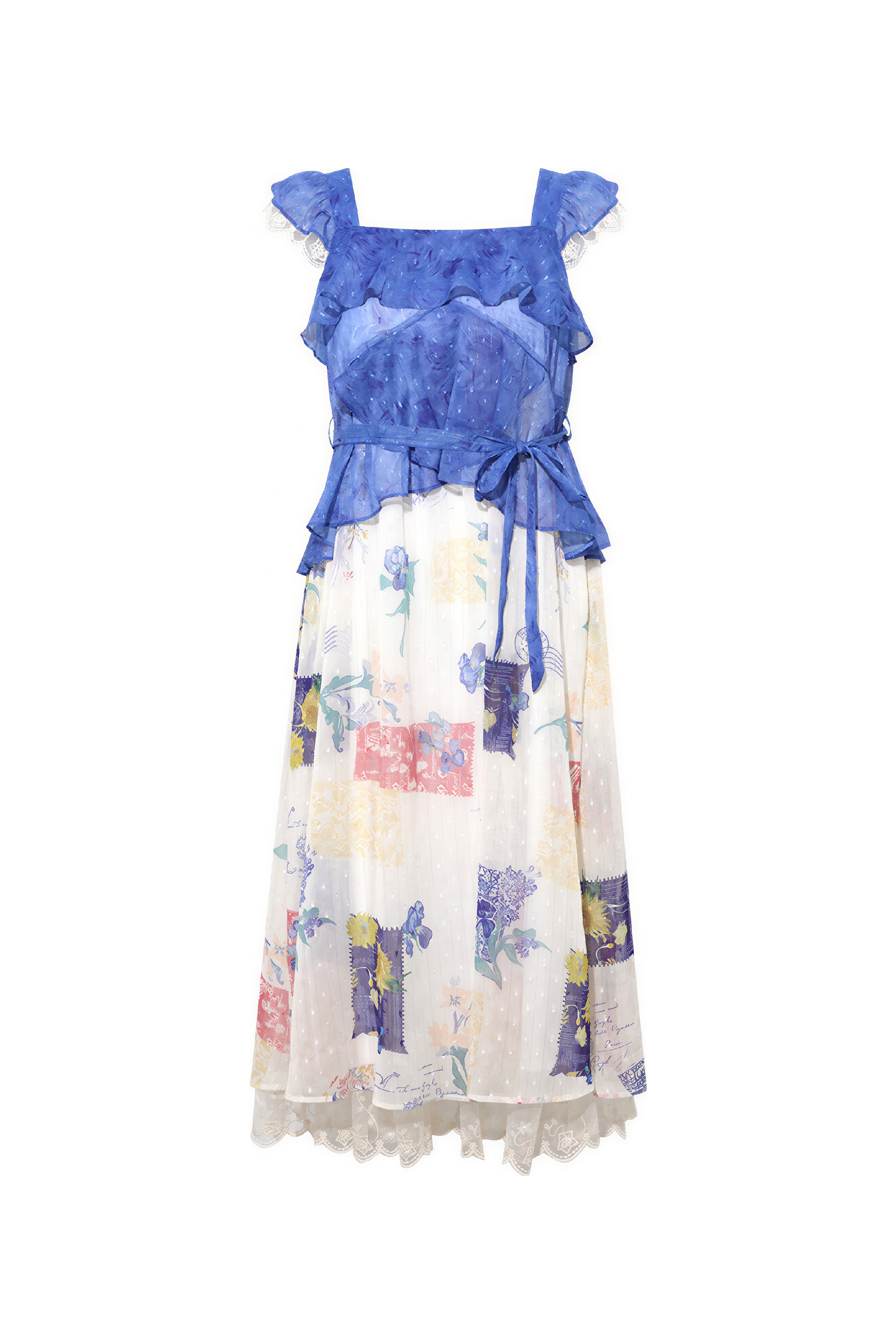 Blue Ruffle Oil-Paint Strappy Maxi Dress | LYONSENS Women's Fashion