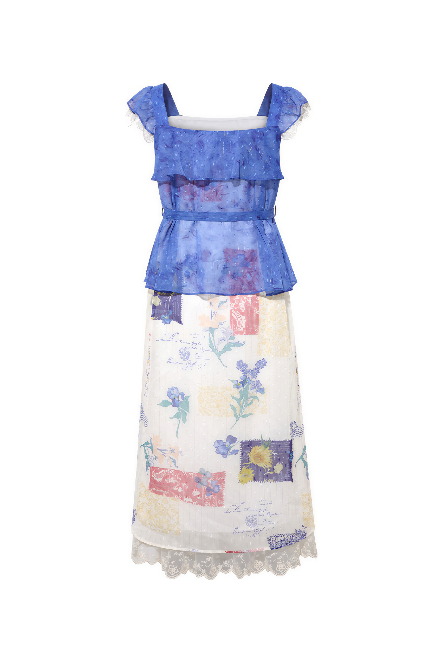 Blue Ruffle Oil-Paint Strappy Maxi Dress | LYONSENS Women's Fashion